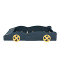 Dark Blue+Yellow Race Car-Shaped Full Size Platform Bed with Wheels and Storage, Pine Wood+MDF