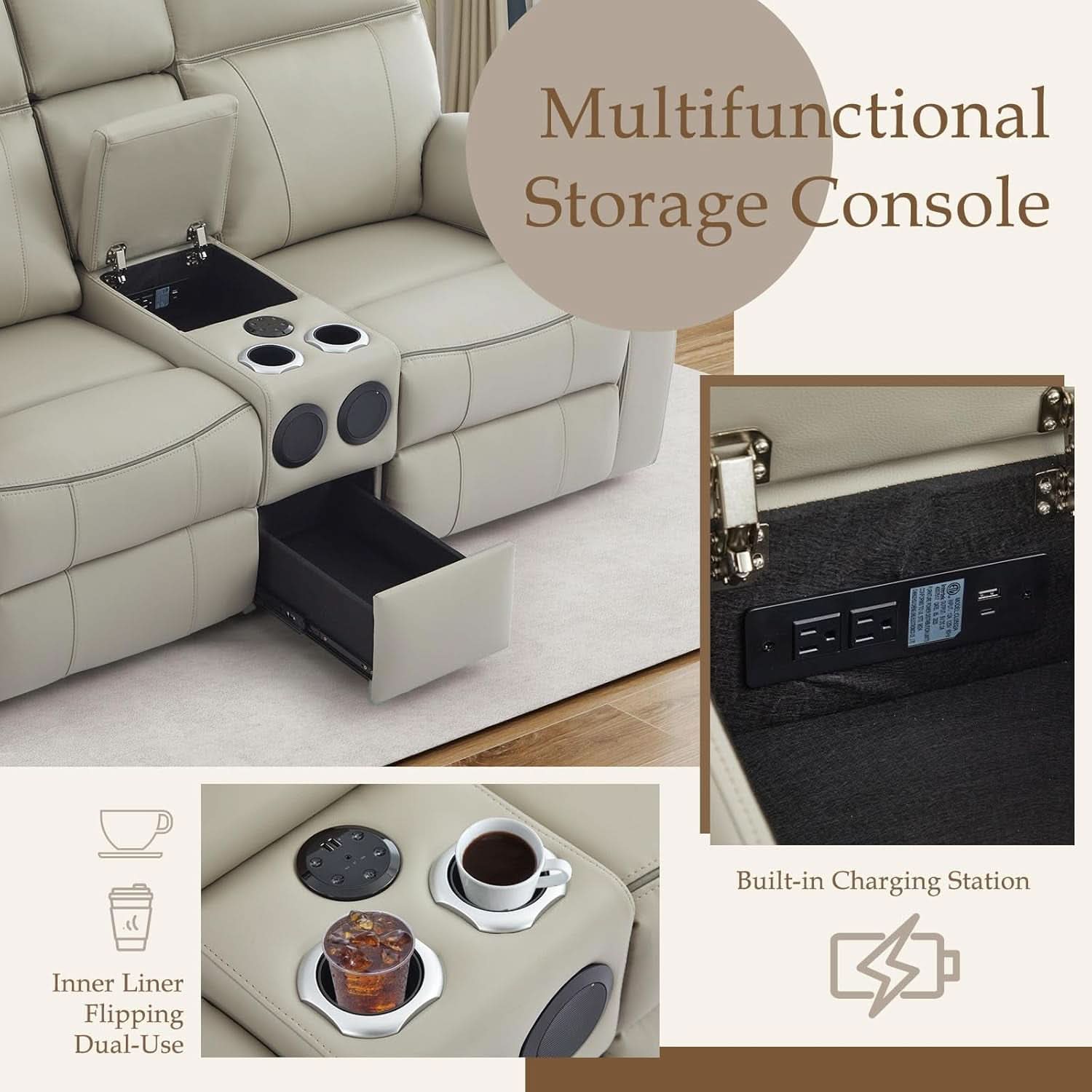 Grey Power Reclining Sofa Loveseat With Bluetooth Speakers
