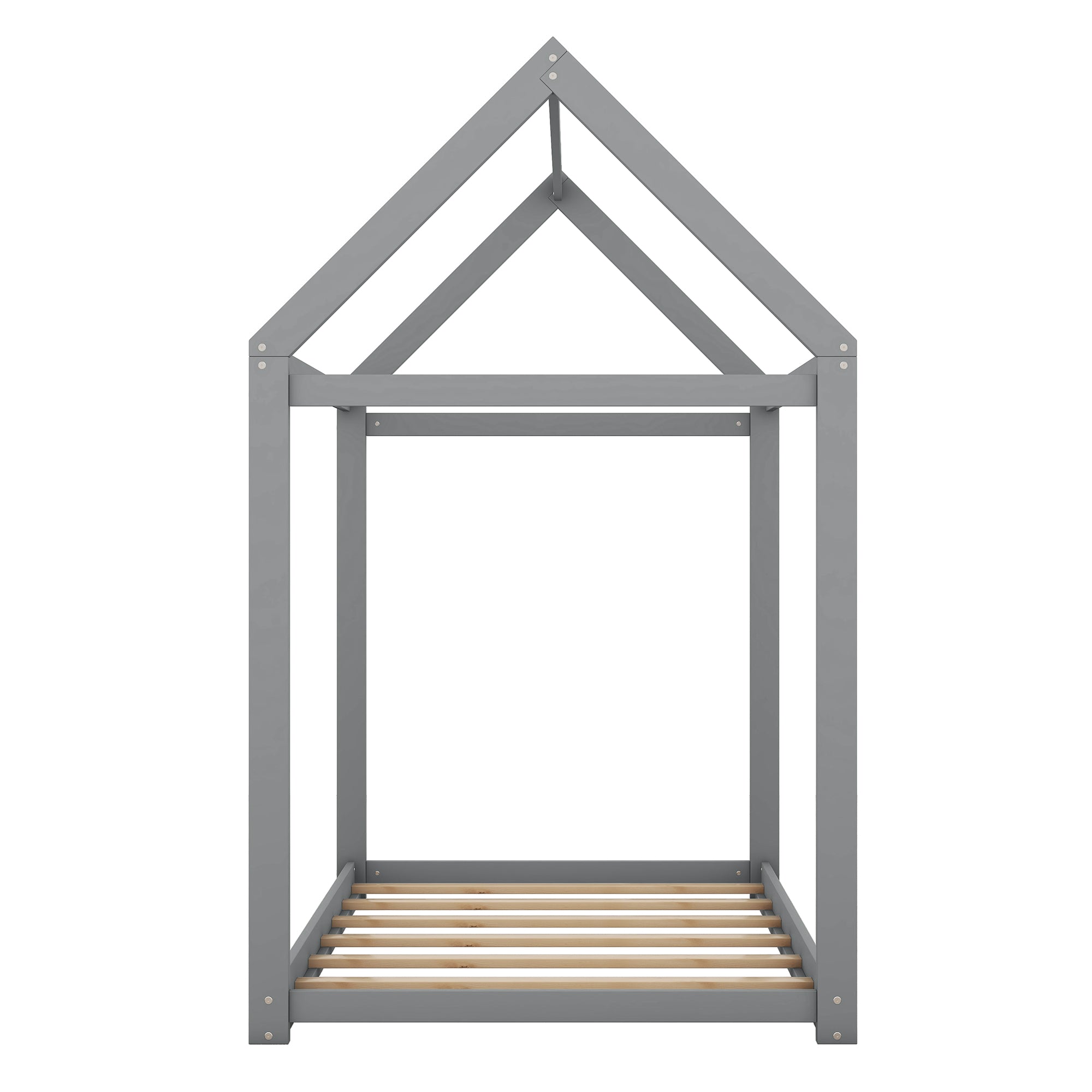 Twin Size Wooden House Bed in Gray with Pine and MDF Construction, 78.3''L x 40''W x 70.3''H