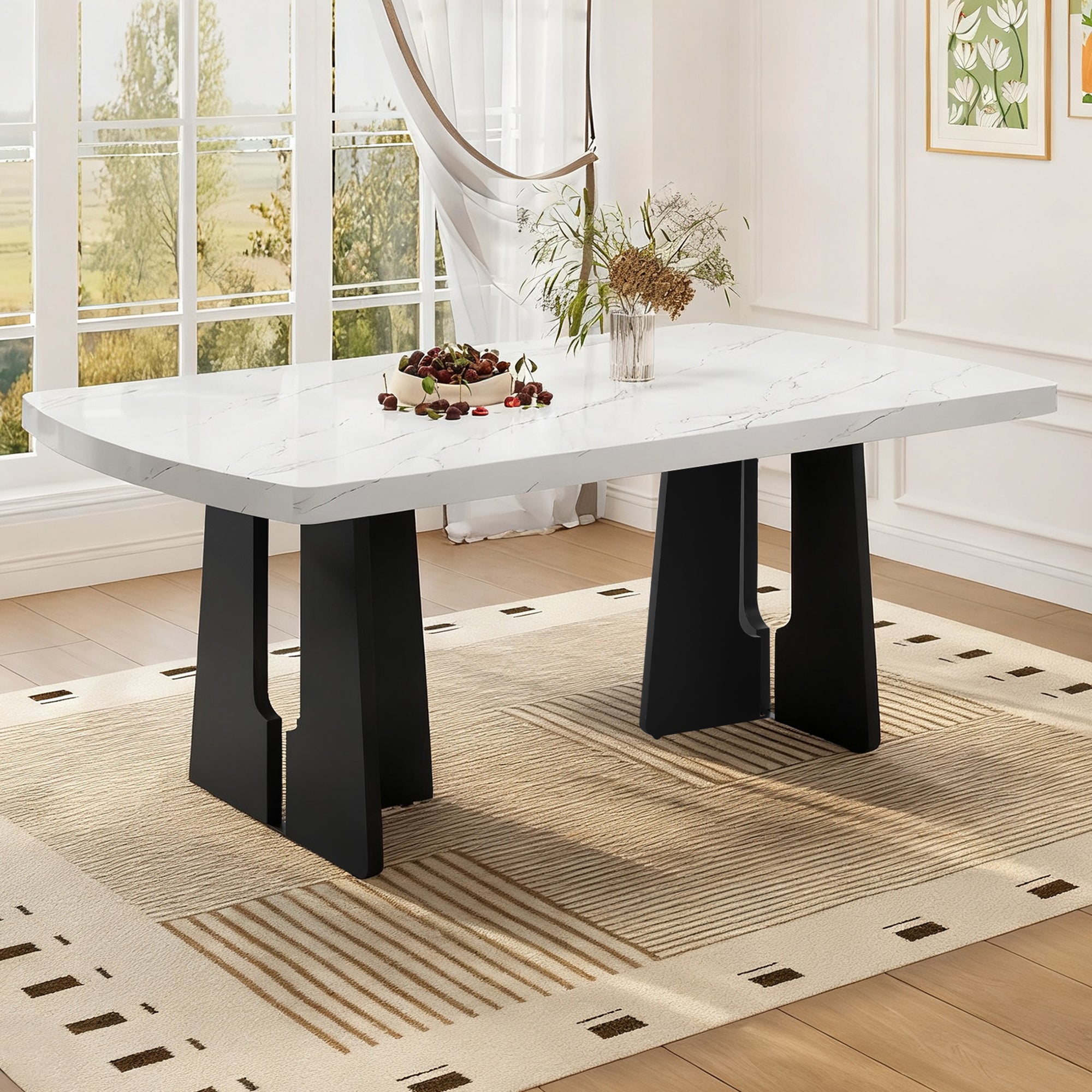 63' Modern Faux Marble Dining Table - Black/White Marble Top with Sturdy Geometric Legs, Stylish Kitchen & Dining Room Table for Home, Apartment, Office, Easy to Assemble, White+Black