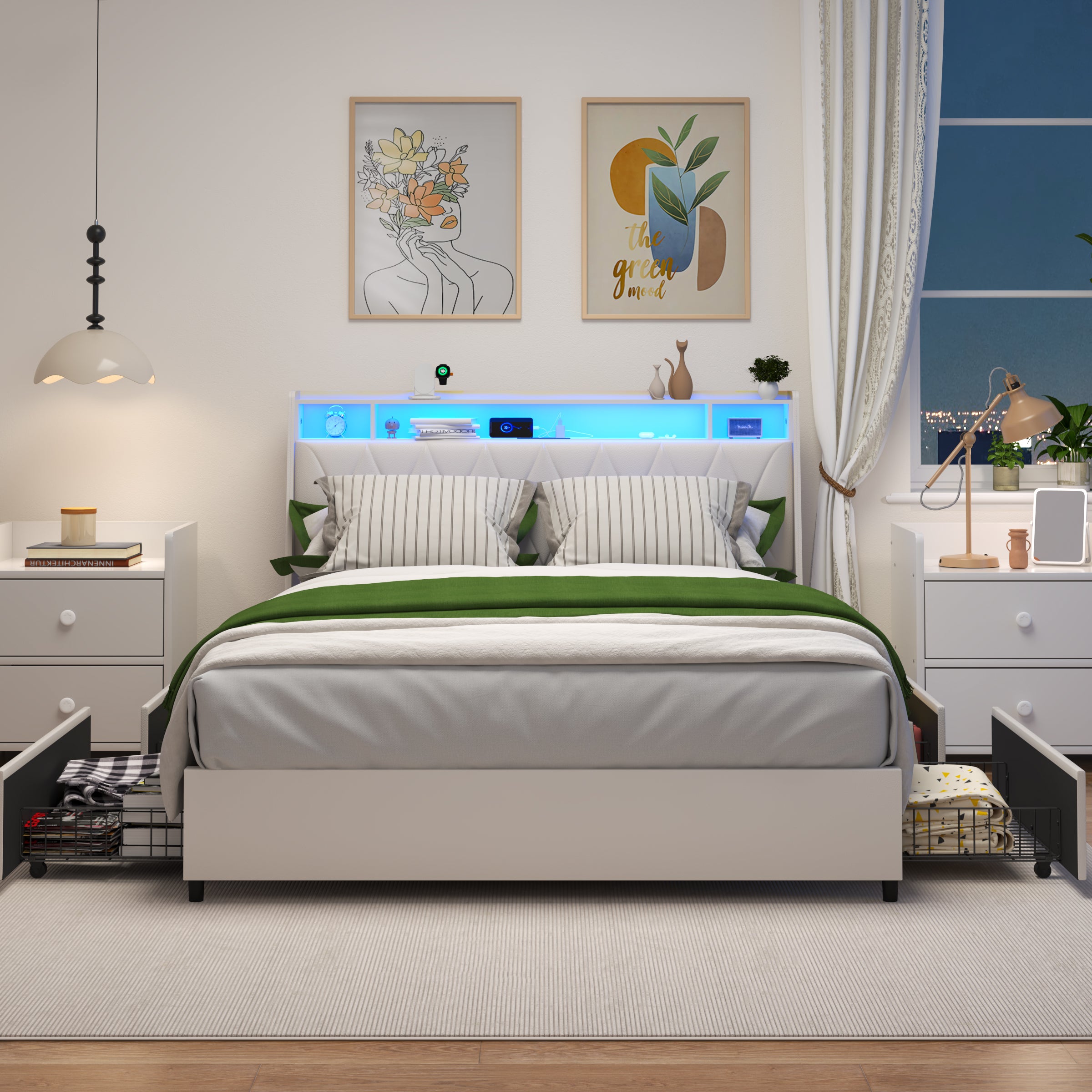 Ergonomic Headboard, Platform Bed Frame Queen Size with Outlets