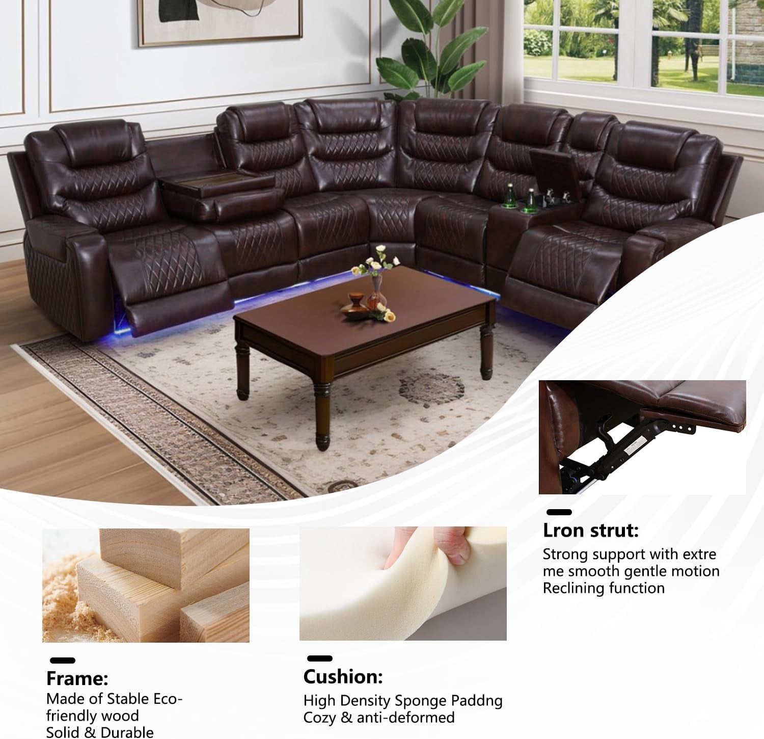 Motorized Recliner Sectional Sofa LED Lighting Brown-3