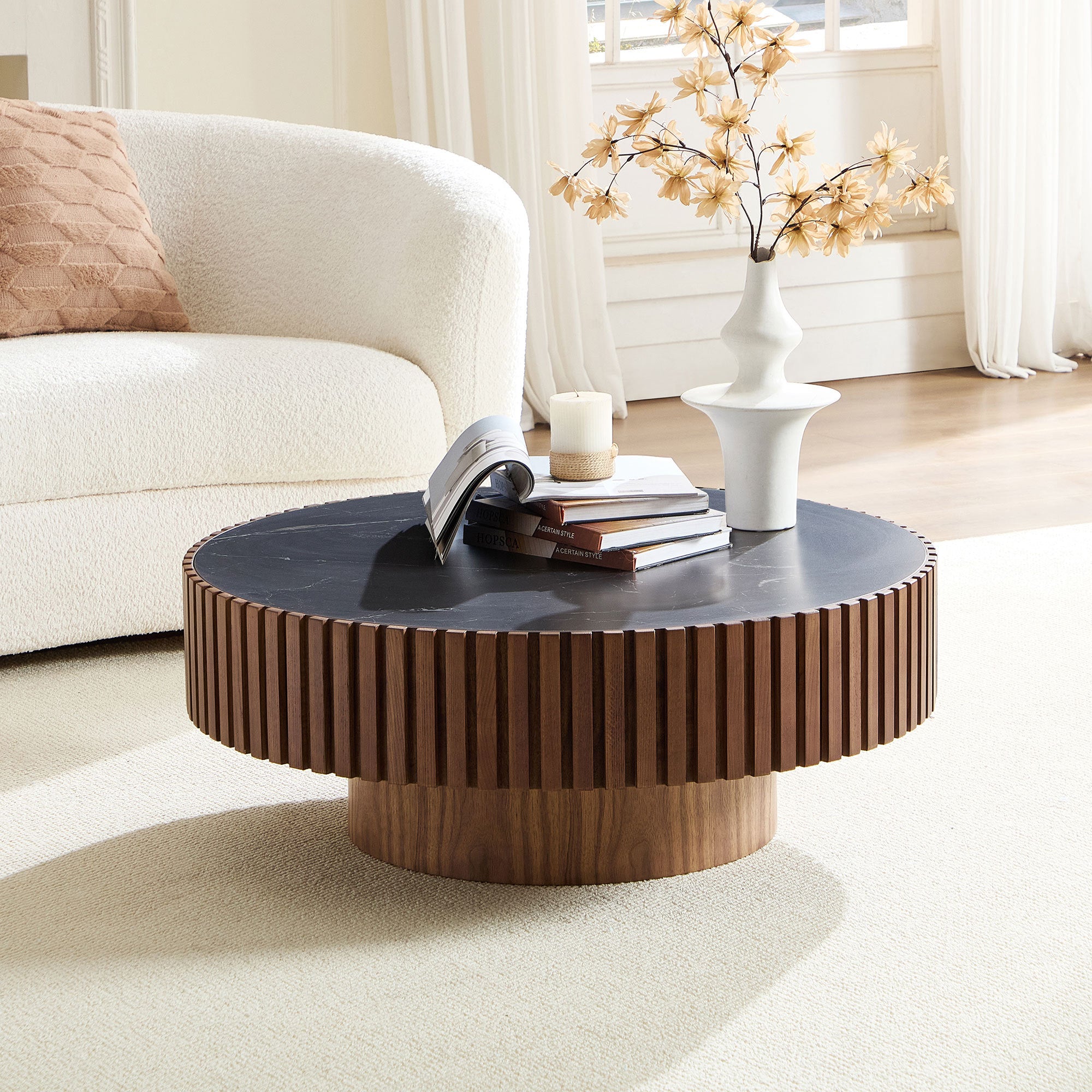 35.43'' Nesting Round Sintered Stone Tabletop Modern Drum Coffee Table Luxury Circle Coffee Table for Apartment Walnut