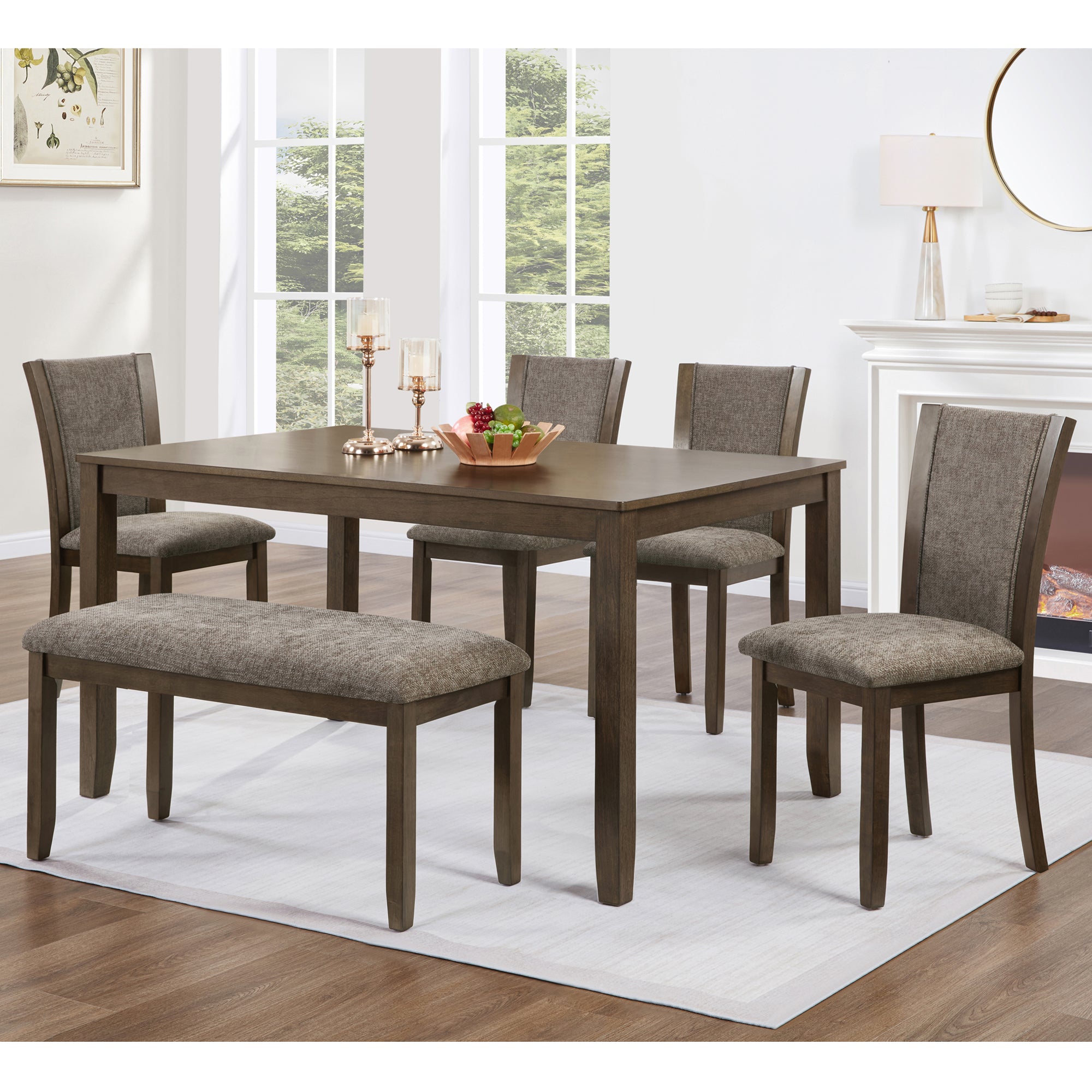 6-Piece Dining Table Set with Bench and Chairs, Wooden dining table set for 6 people, Farmhouse Rustic Style 6 Person Dining Table Set for Dining Room, Kitchen, Dark walnut