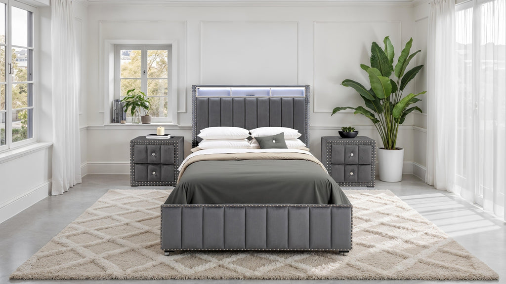 Dark Gray Contemporary 3pc Bedroom Set Full Size Bed 2x Nightstands