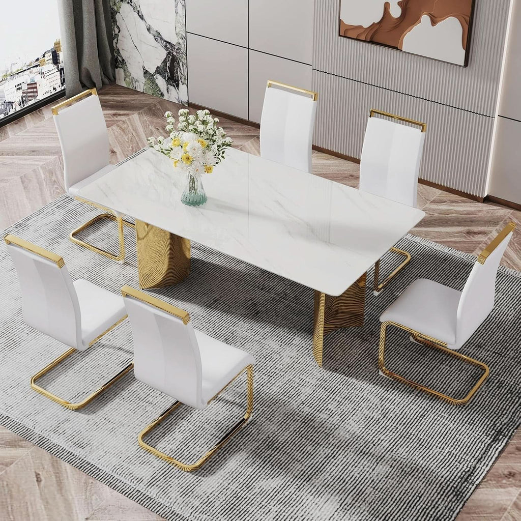 White Marble Dining Table 71 Inch Glass Top Gold Base-4