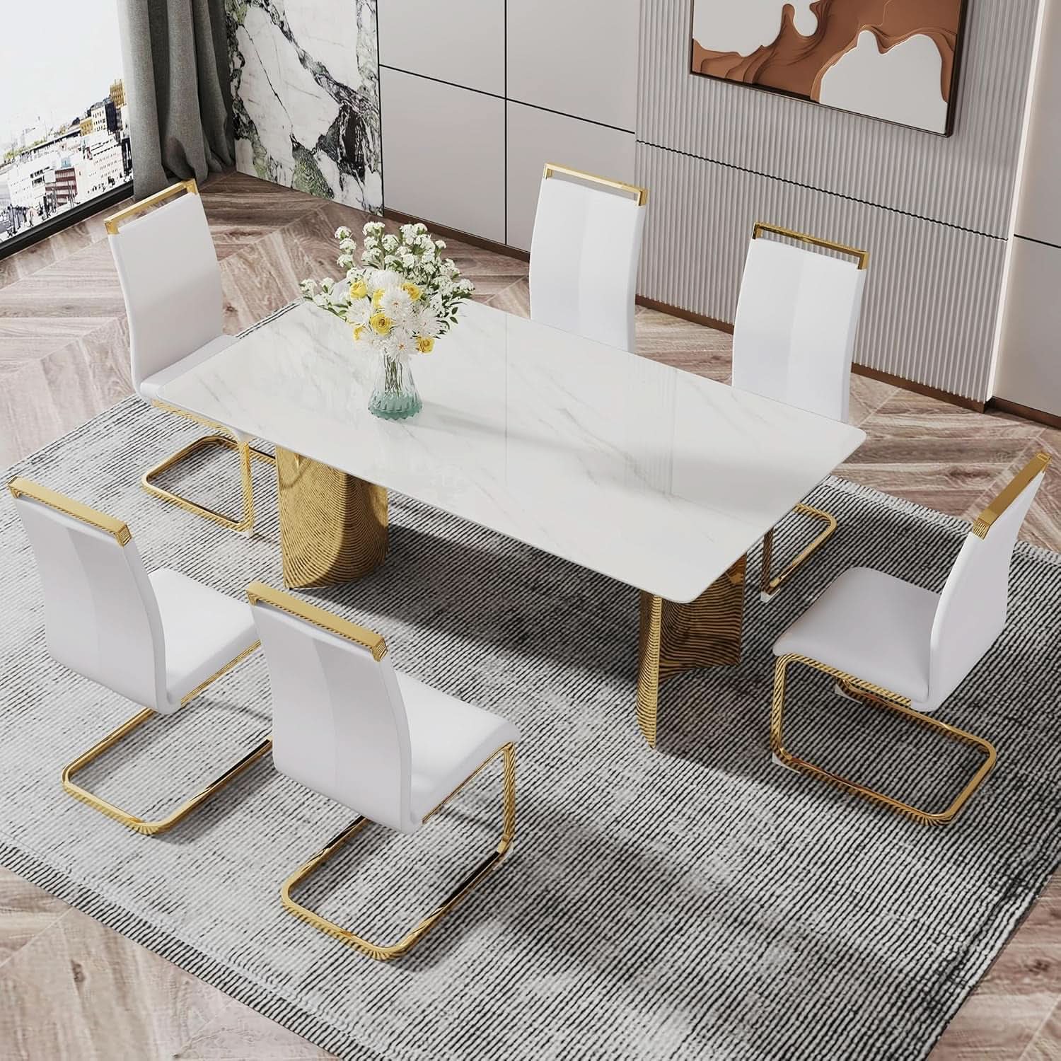 White Marble Dining Table 71 Inch Glass Top Gold Base-4