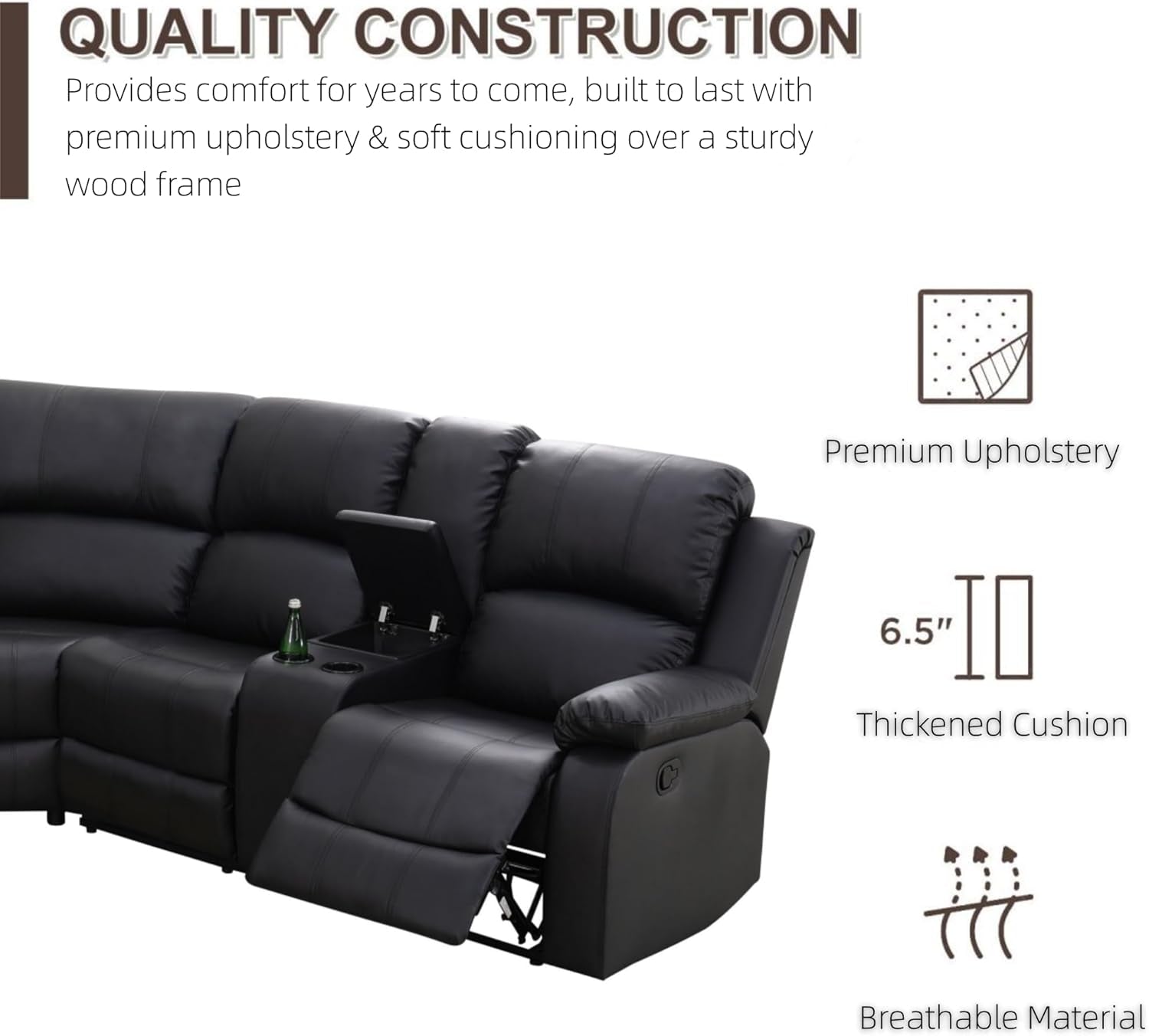 Manual Recliner Sectional Sofa Set Bonded Leather Black-4