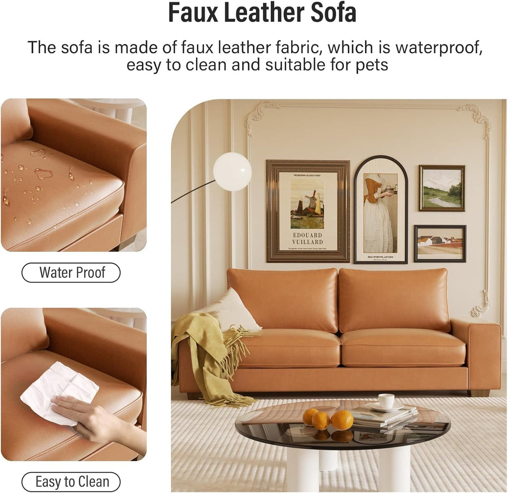 Faux Leather Loveseat Sofa 71Inch Brown Solid Wooden Frame-4