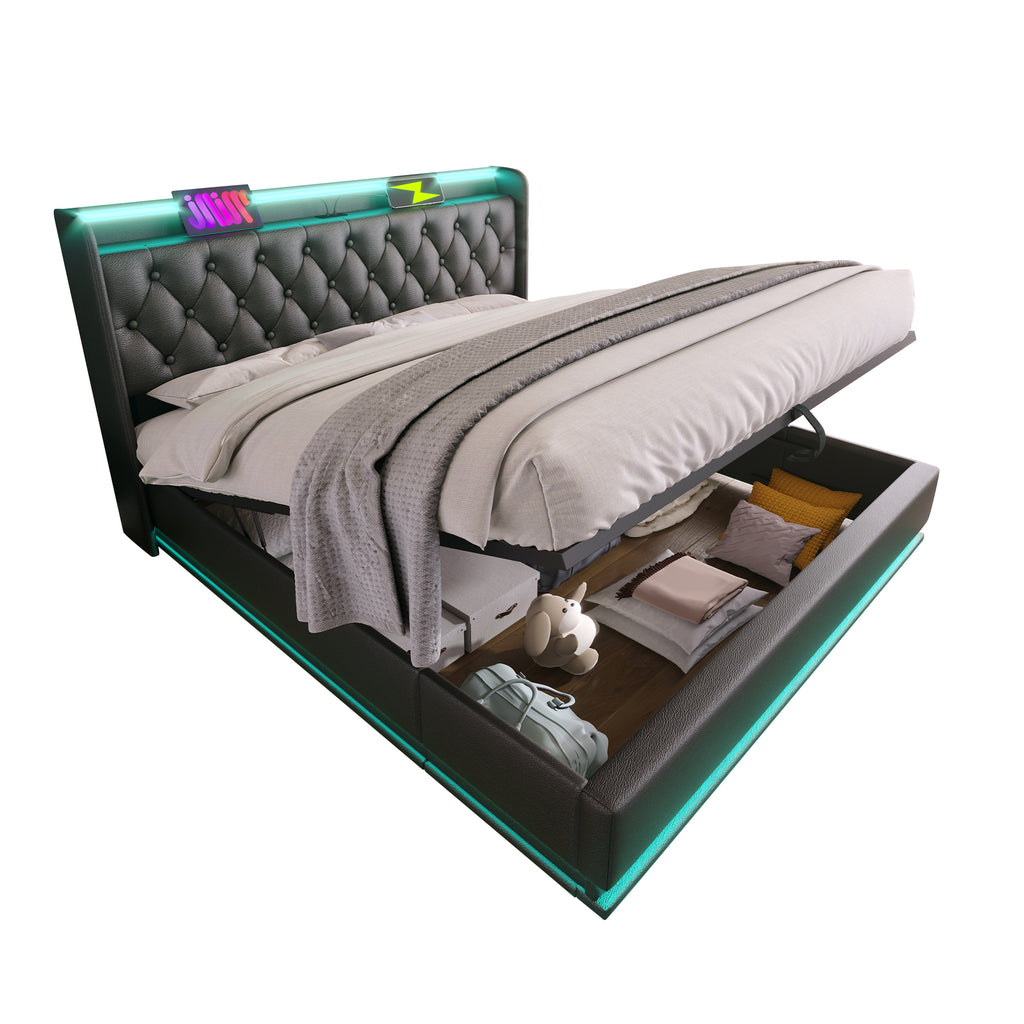 King size Upholstered bed, 360 surround LED function, Buttons/Apps/Remote Control, hydraulic storage bed with USB Type-C charging, Black, PU (Without mattress)