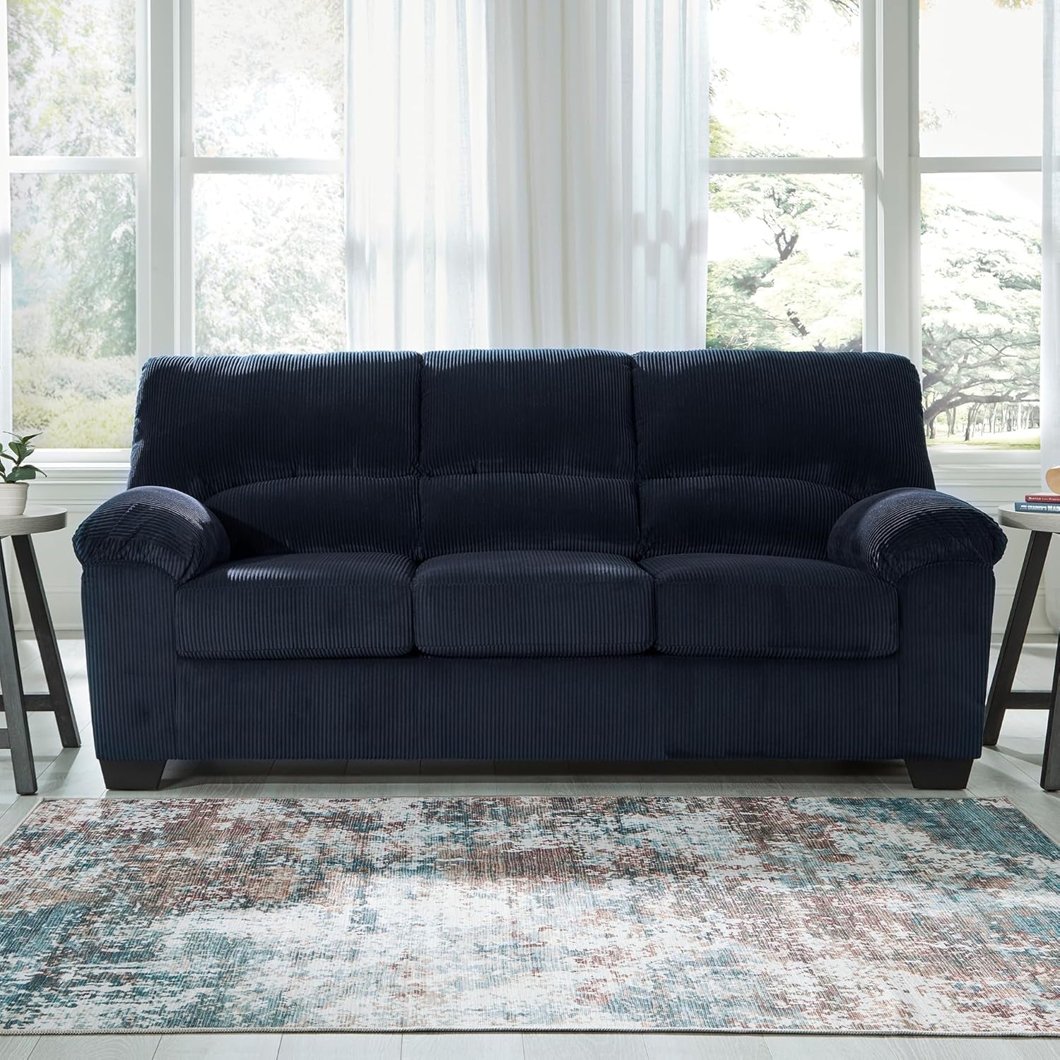 Blue Corduroy Contemporary Sofa For Comfortable Living-1