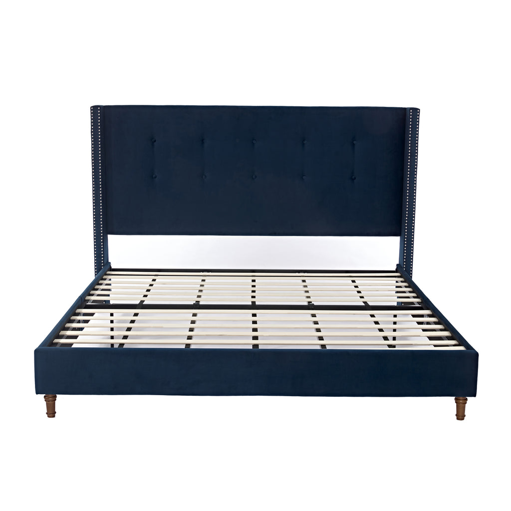 Peyton Upholstered King Bed with 54' High Headboard and Nailhead Trim Wingback in Blue Velvet, No Box Spring Needed