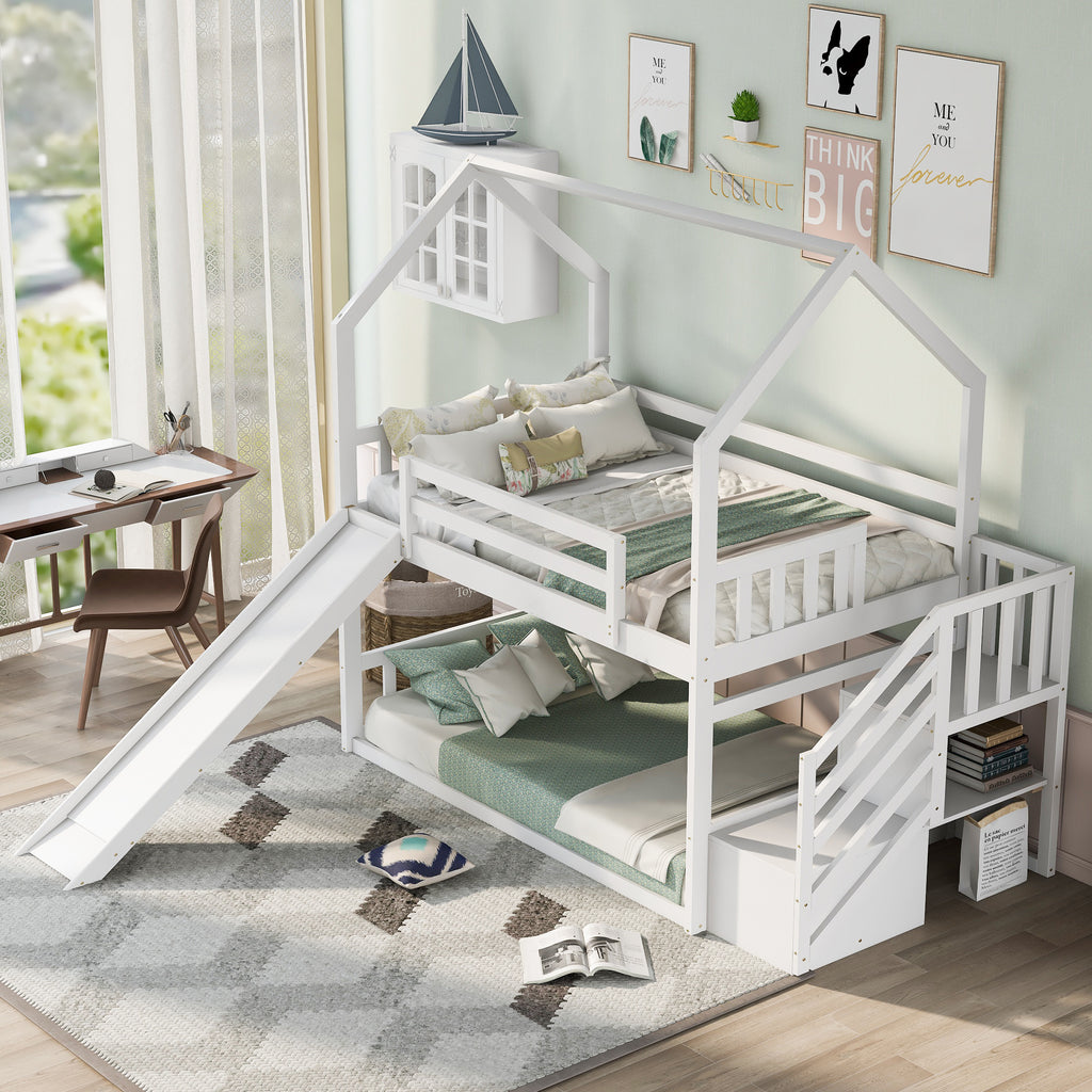 Kreeger Twin over Twin House Bunk Bed with Convertible Slide and Storage Staircase, White