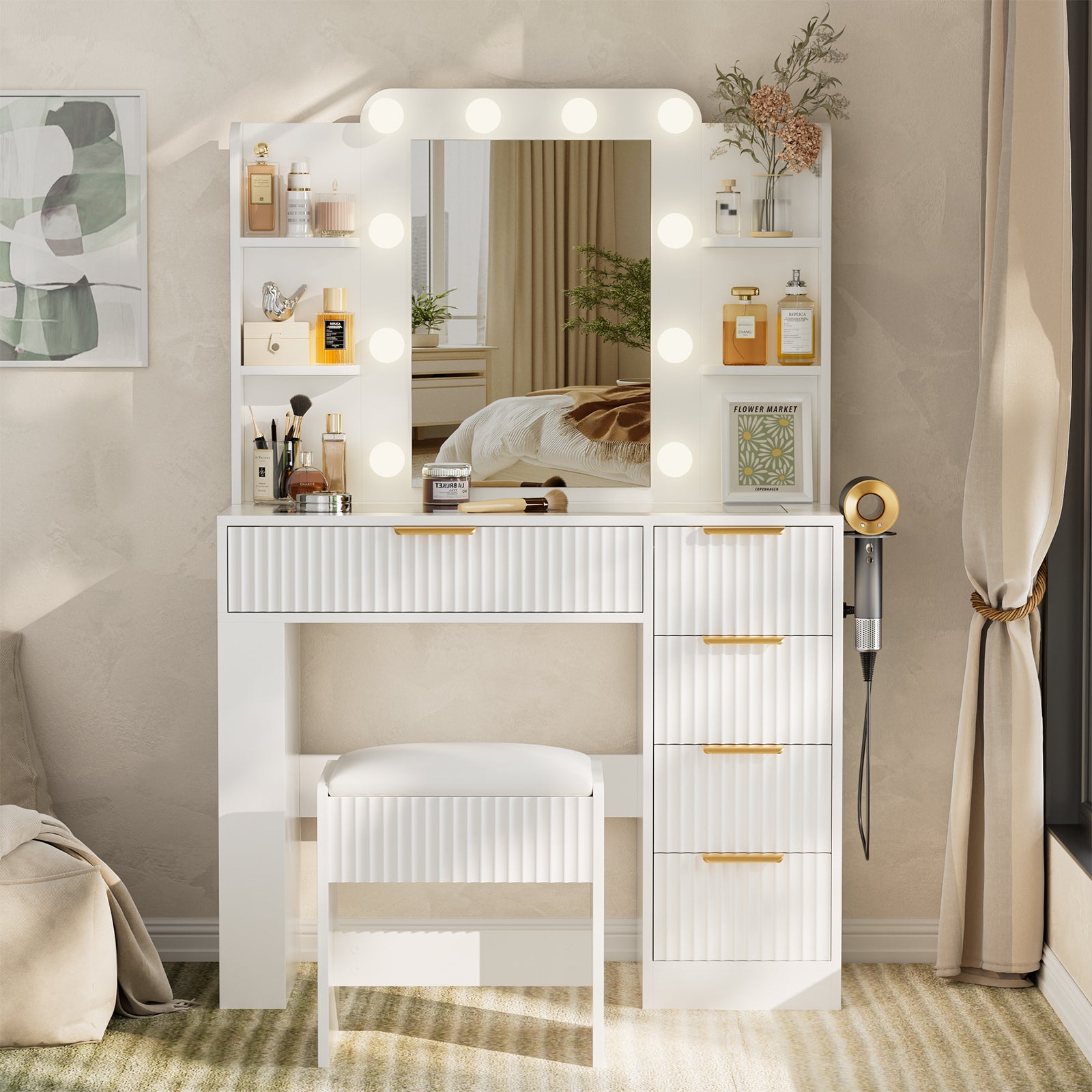 Vanity Desk and Cushioned Stool Set with Charging Station