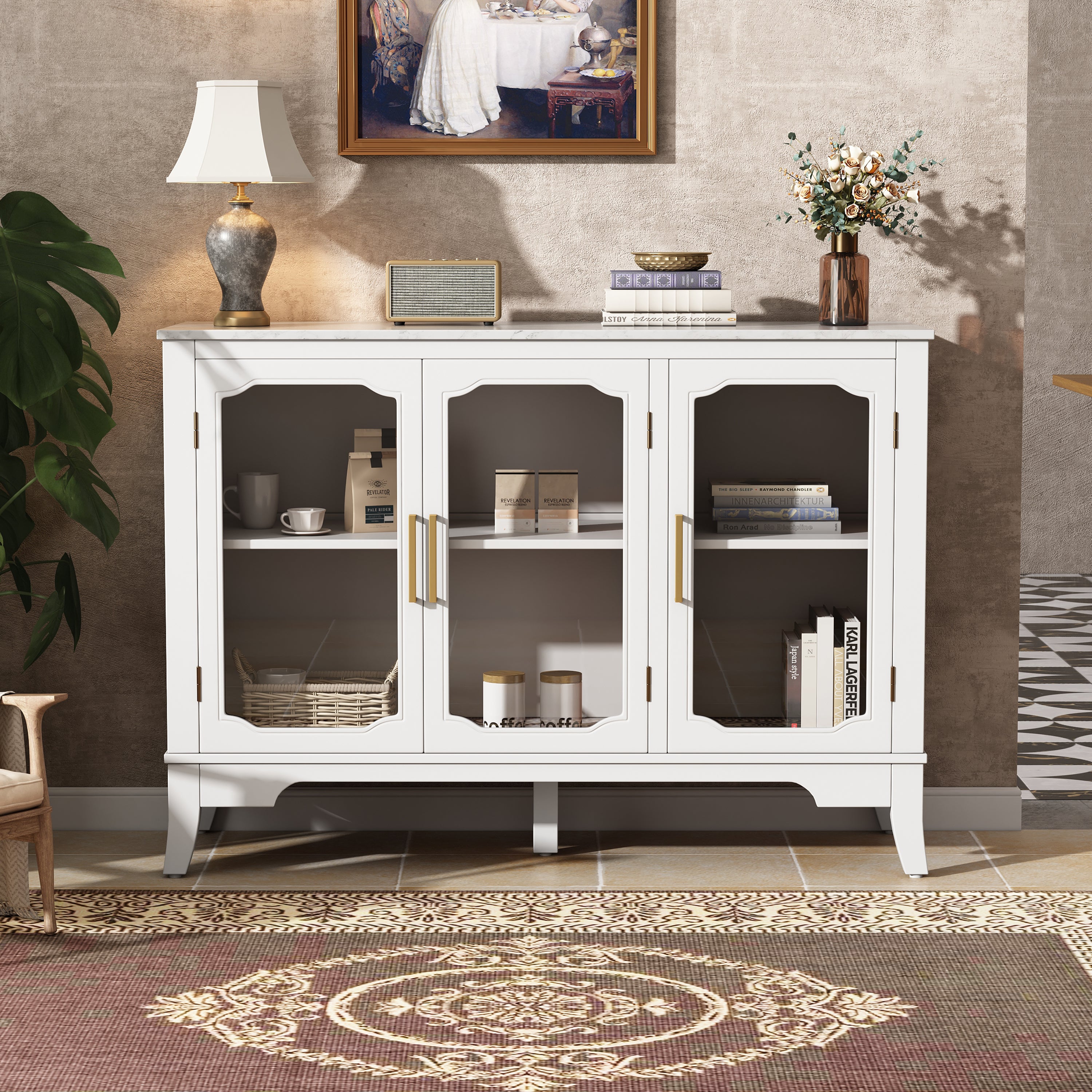 Stylish Glass Ancient White Accent Cabinet
