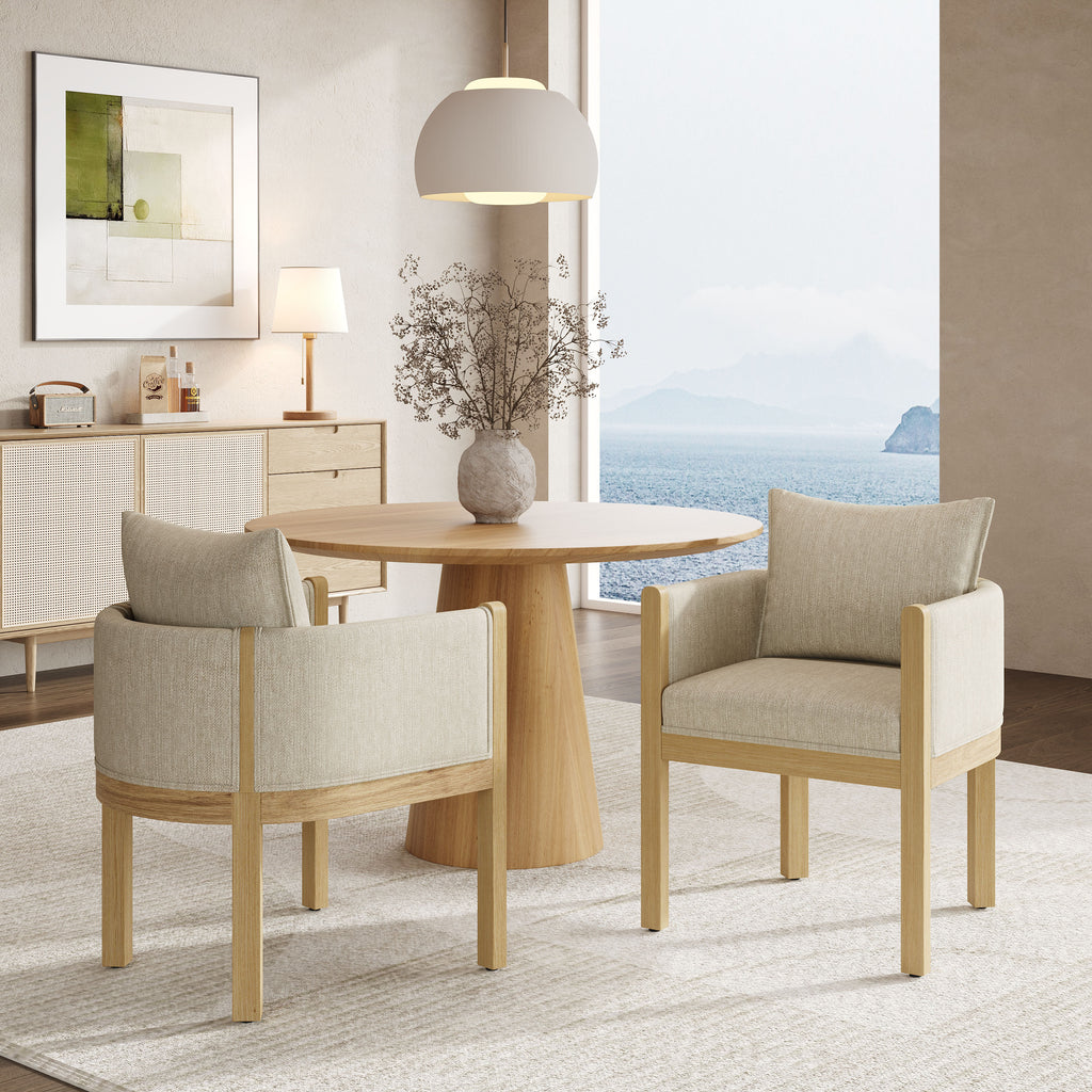 Linen Upholstered Armchair with Natural Rubber Wood Legs in Beige (Set of 2)