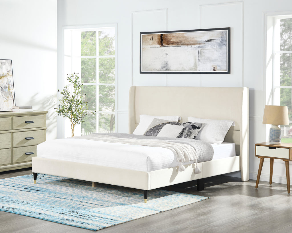 Rozitta Beige Velvet Wingback Platform Bed, Queen