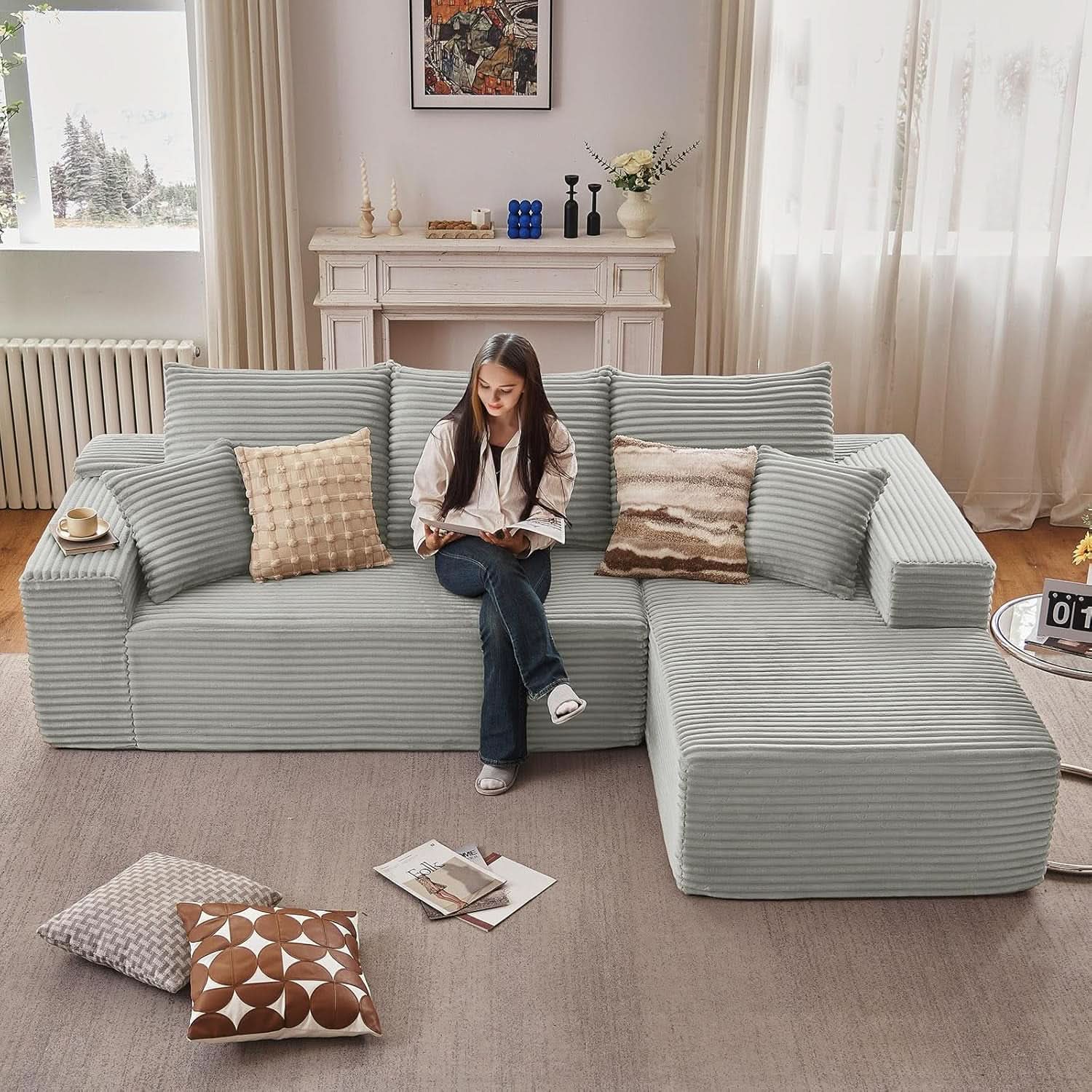107 Inch Grey Corduroy L Shaped Modular Sleeper Sofa-2