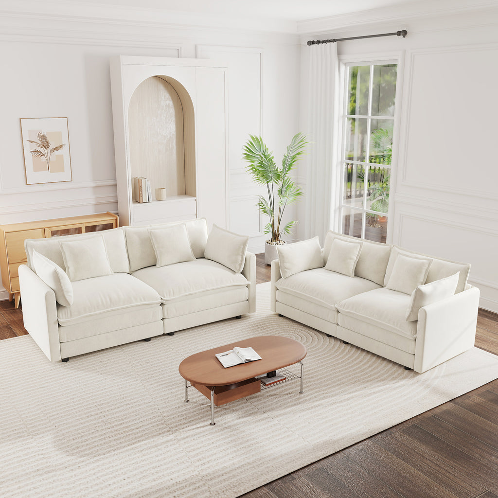2 - Piece Living Room Set , 2 Pieces Upholstered Loveseat and Couch for Home Office Lounge,  Sofa Set of 2, 2-Piece (2+2 Seat) Couch Set For Living Room ,White Chenille