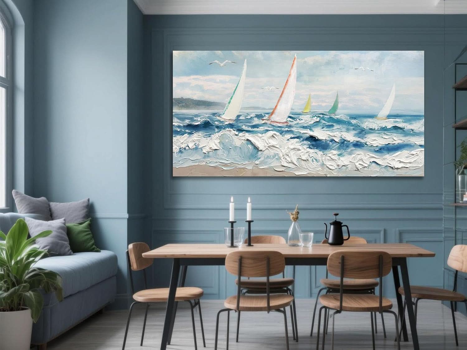 Large Blue 40x20 Inch 3D Textured Ocean Wave Canvas Art-3