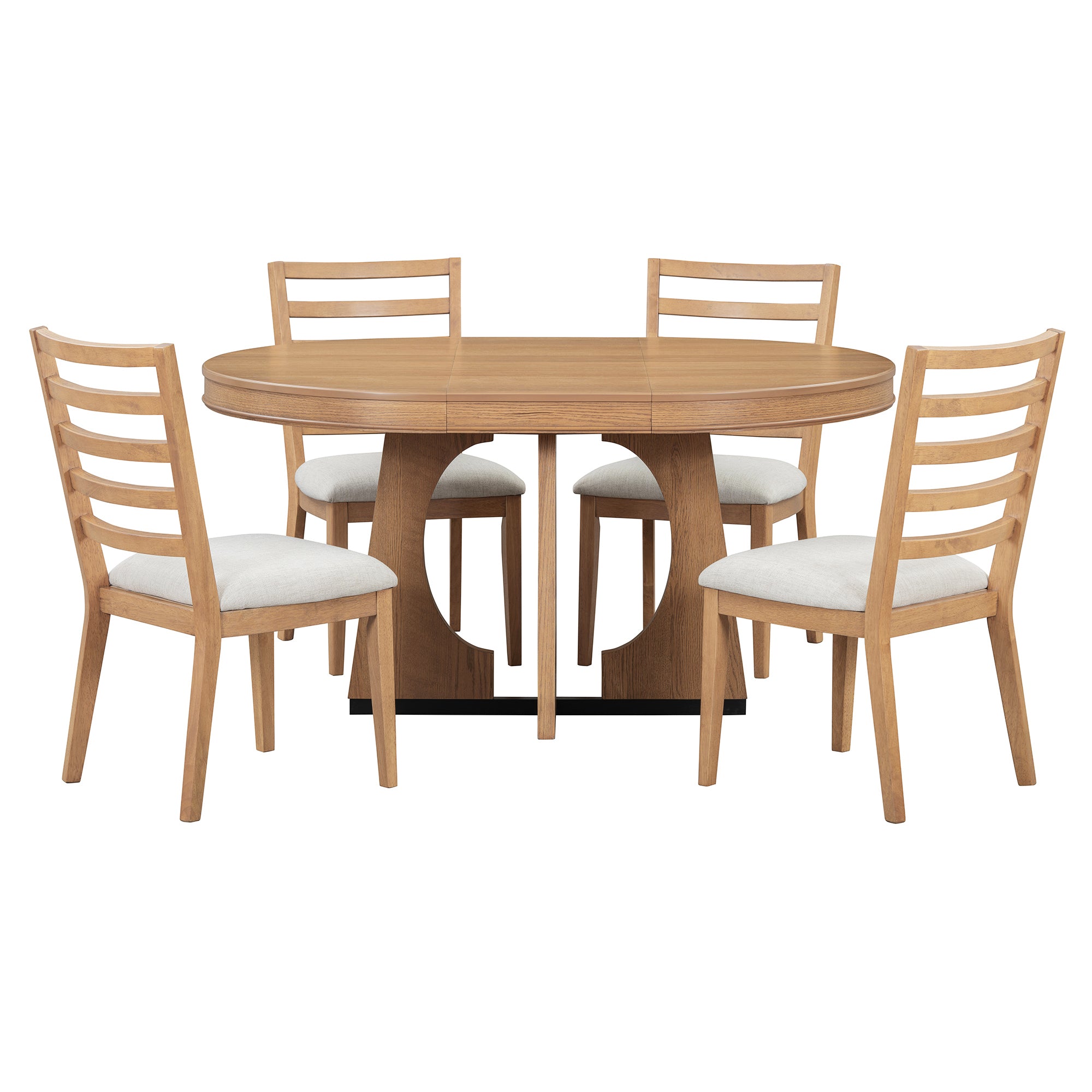 TREXM Retro Round Dining Table Set for 4 with Chairs, Extendable Table with 16' Removable Leaf, Natural Finish, Solid Wood & MDF Construction, 5 Piece Geometric Design Dining Set