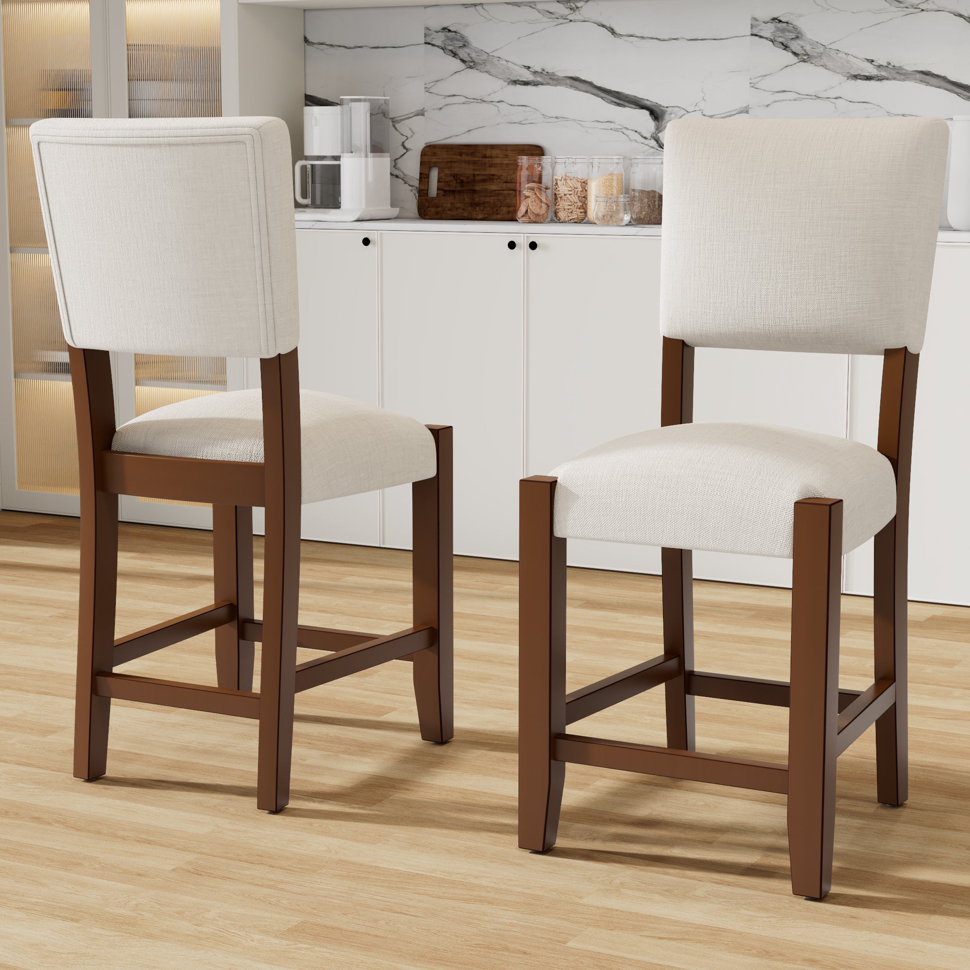 Mid Century Modern Bar Stools Set of 2, 40.4' Counter Stools with Back, Linen Upholstered Barstools with Solid Wood Legs Bar Chairs for Kitchen Island Dining Room, Beige