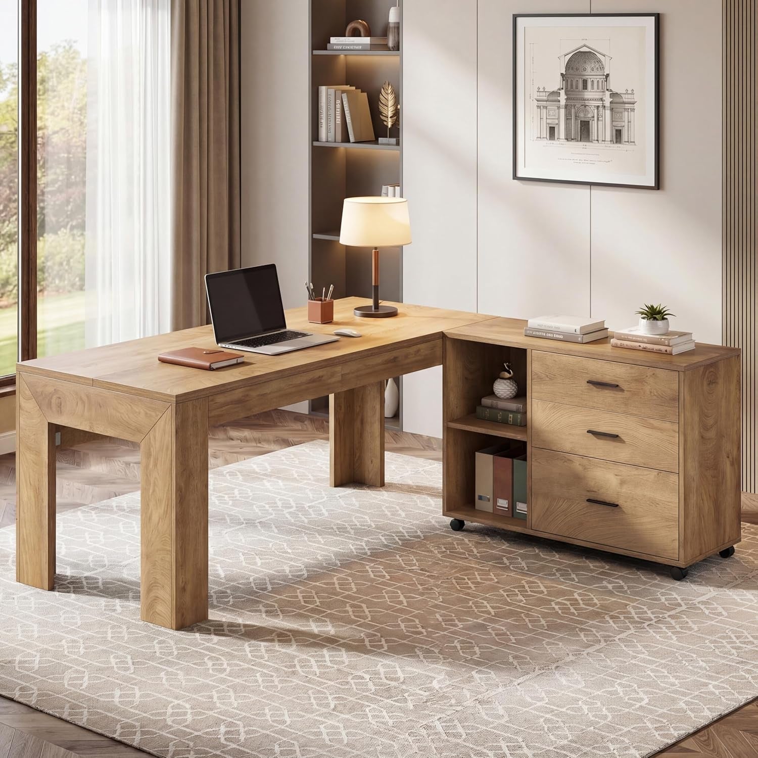 Sixty Three Inch L Shaped Desk WithStorage Drawers Brown Finish Executive Desk Premium