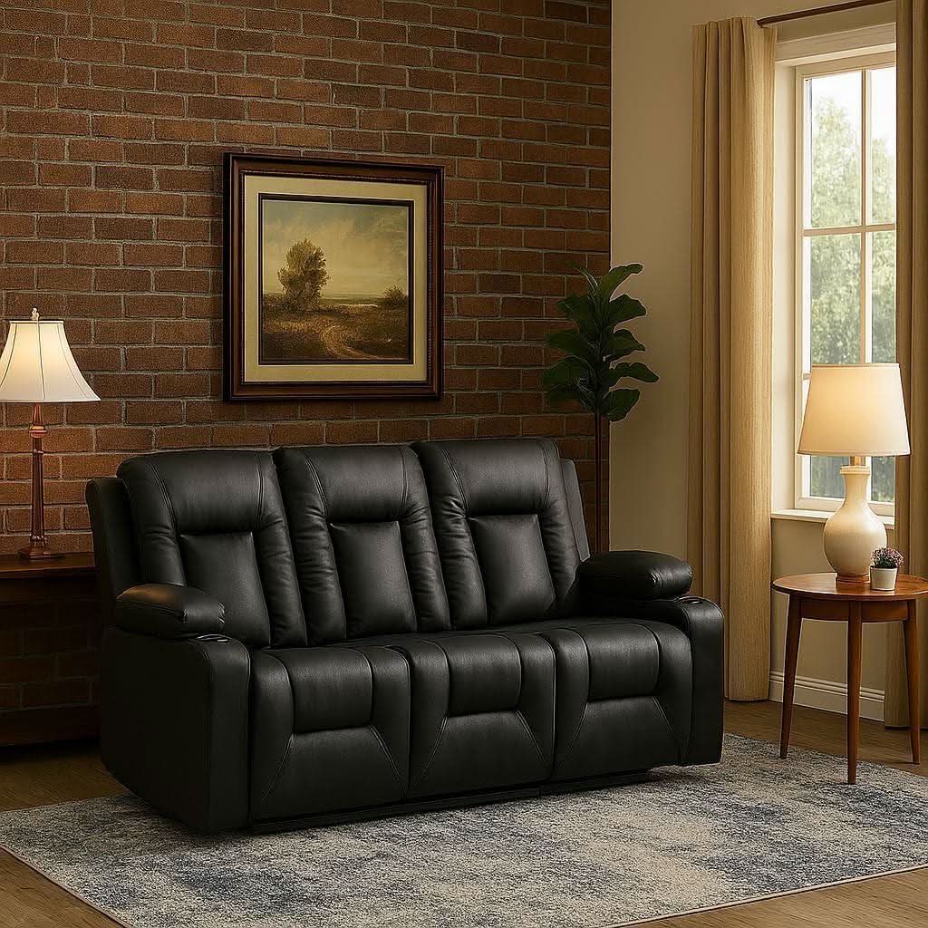 Black Leather Upholstered Manual Recliner Sofa Set-1