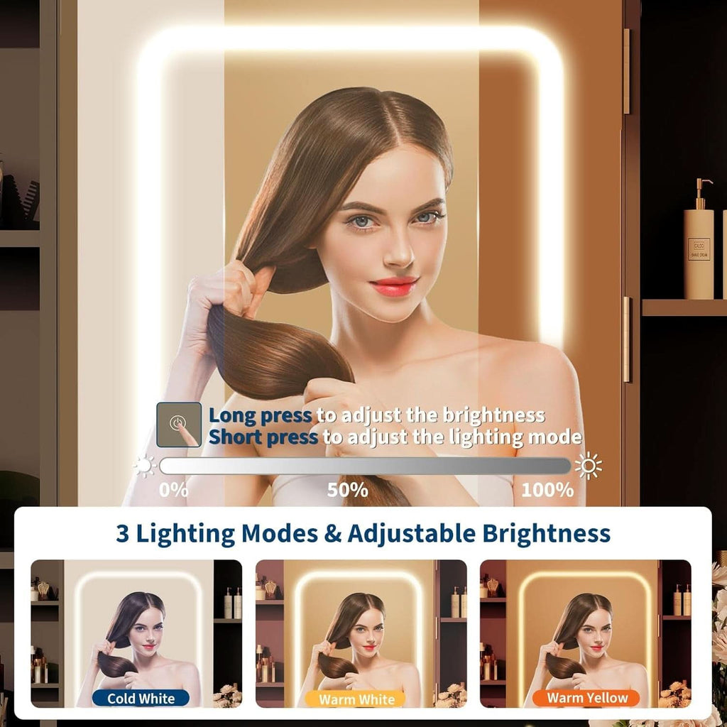 Vanity Desk With 90cm Mirror Three Color LED Lights USB Charging Ports-4
