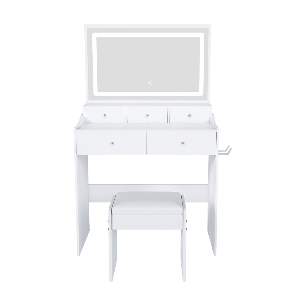 Modern White Vanity Desk with Large Mirror, Power Outlet & Hair Dryer Holder, Adjustable Lighting, 5 Drawers