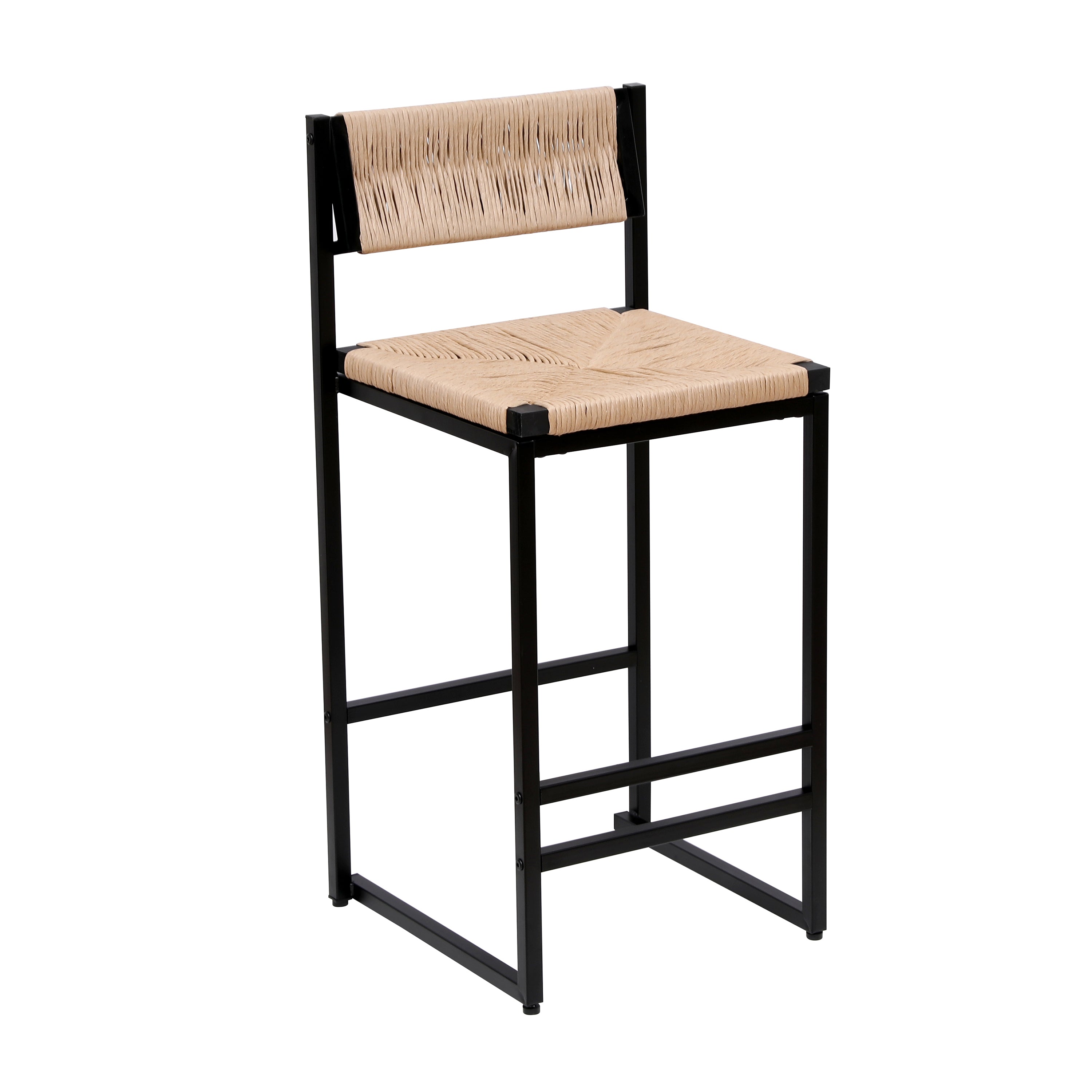 Creamy White Paper Rope Woven Bar Stools Set of 2 with Footrest for Kitchen Island, Dining Room