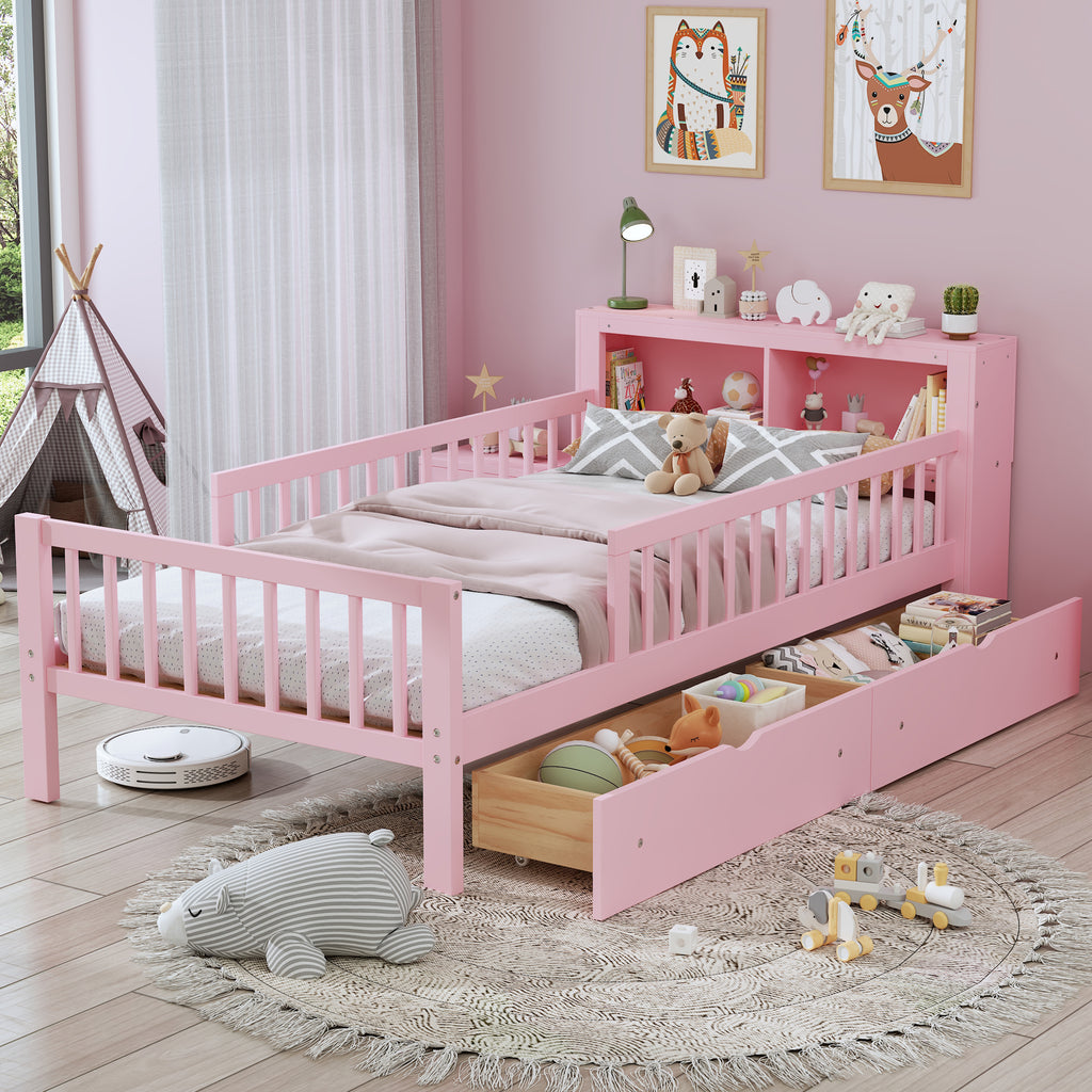 Pink Three-Side Guardrails for Safety Twin Size Bed with Headboard Storage Rack