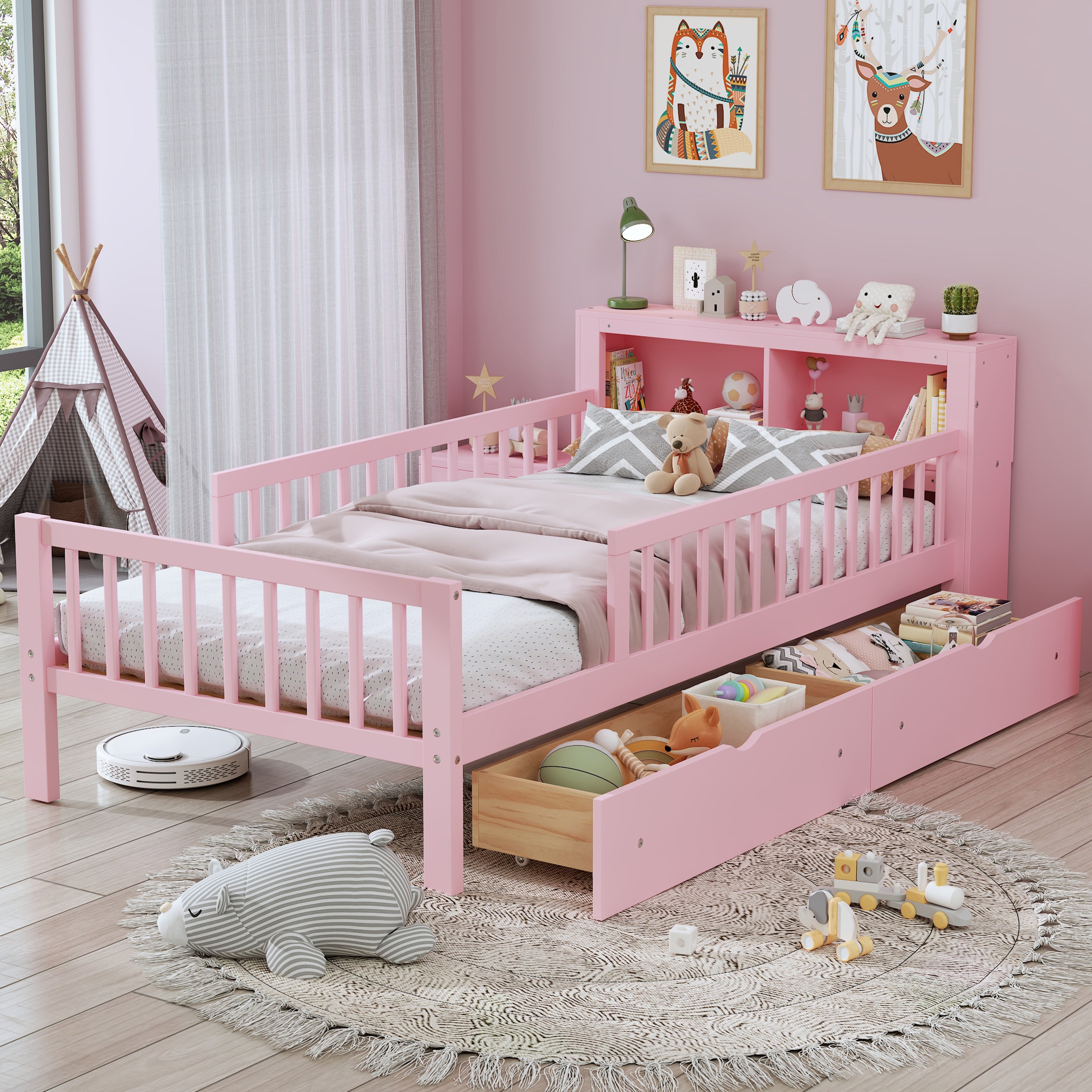 Pink Three-Side Guardrails for Safety Twin Size Bed with Headboard Storage Rack