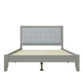 Mid-Century Modern Solid Wood Platform Bed with Upholstered Headboard in Grey, Rubber Wood, Queen Size