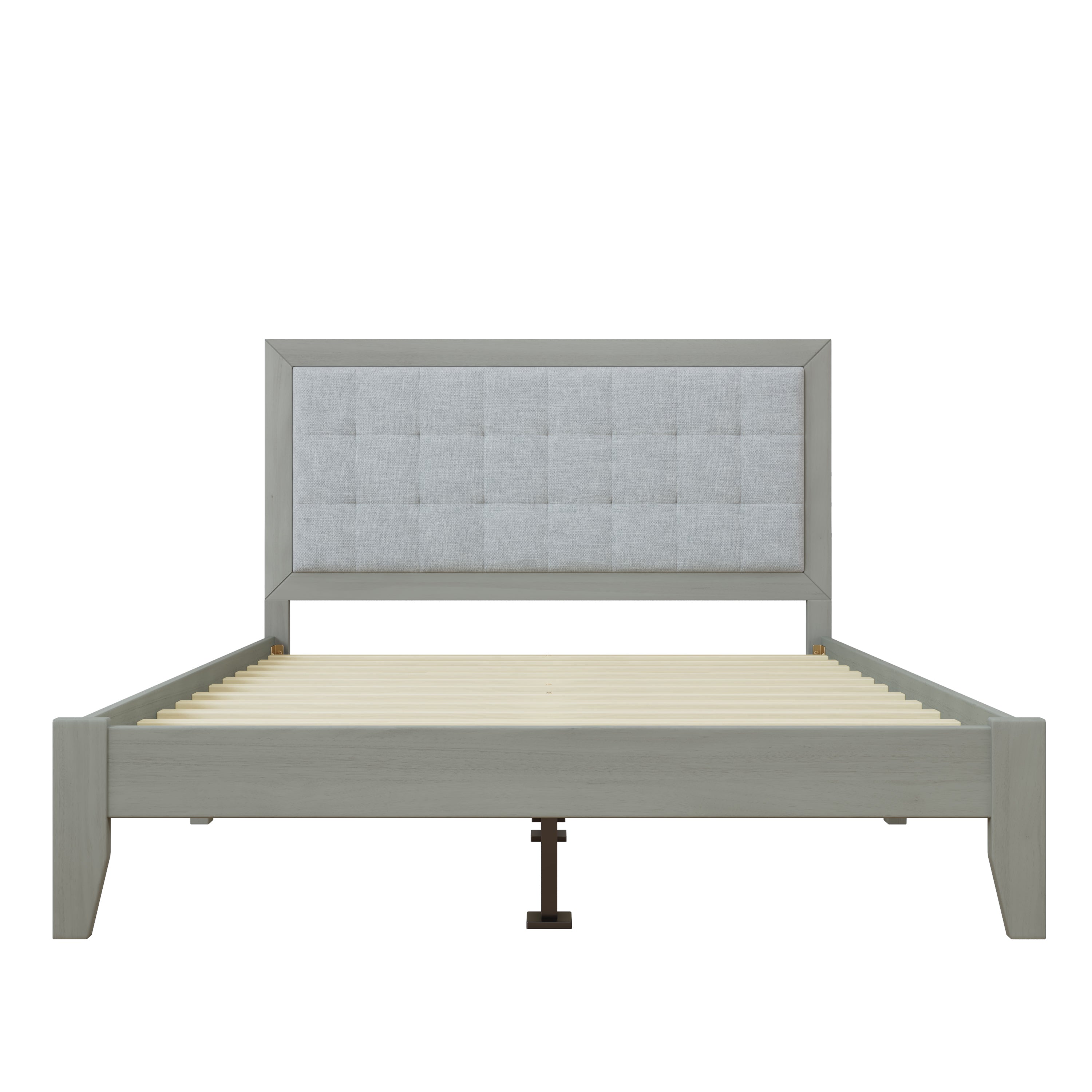 Mid-Century Modern Solid Wood Platform Bed with Upholstered Headboard in Grey, Rubber Wood, Queen Size