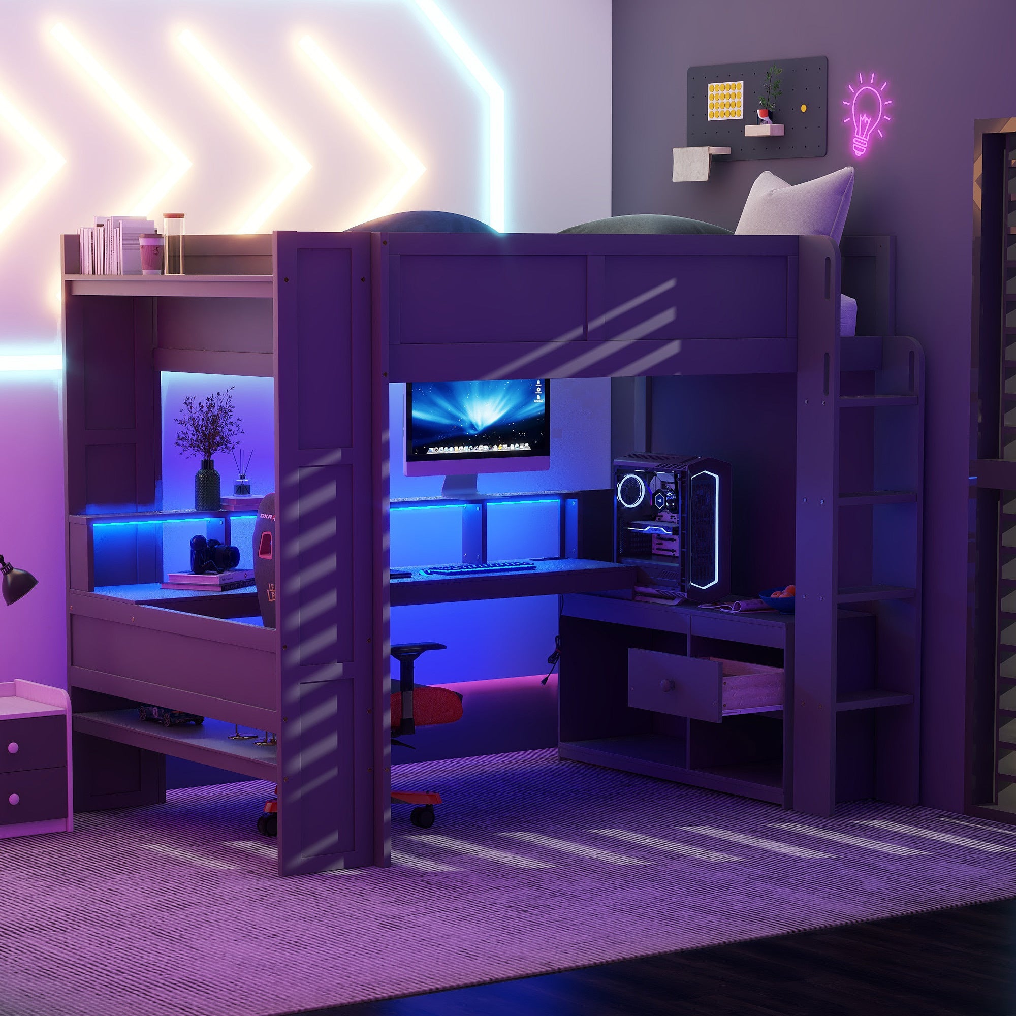 Wood Full Size Gaming Loft Bed with Desk, Multi-storage Shelves, LED and Charging Station, Dark Gray(Old SKU:SM000374AAE)