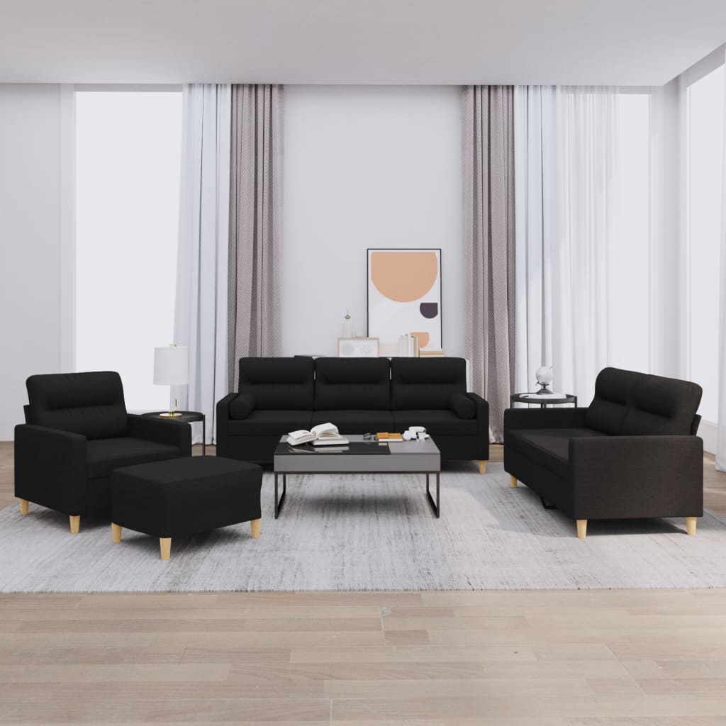 NNEVL 4 Piece Sofa Set with Pillows Black Fabric-0