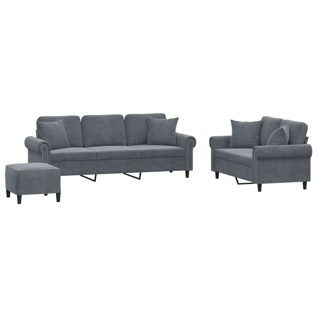 NNEVL 3 Piece Sofa Set with Pillows Dark Grey Velvet-1