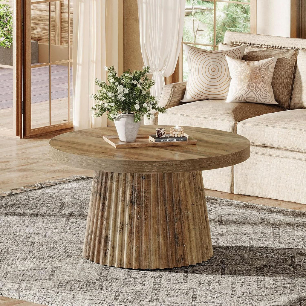 Solid Walnut Round Coffee Table 31.5 Inches Drum Base