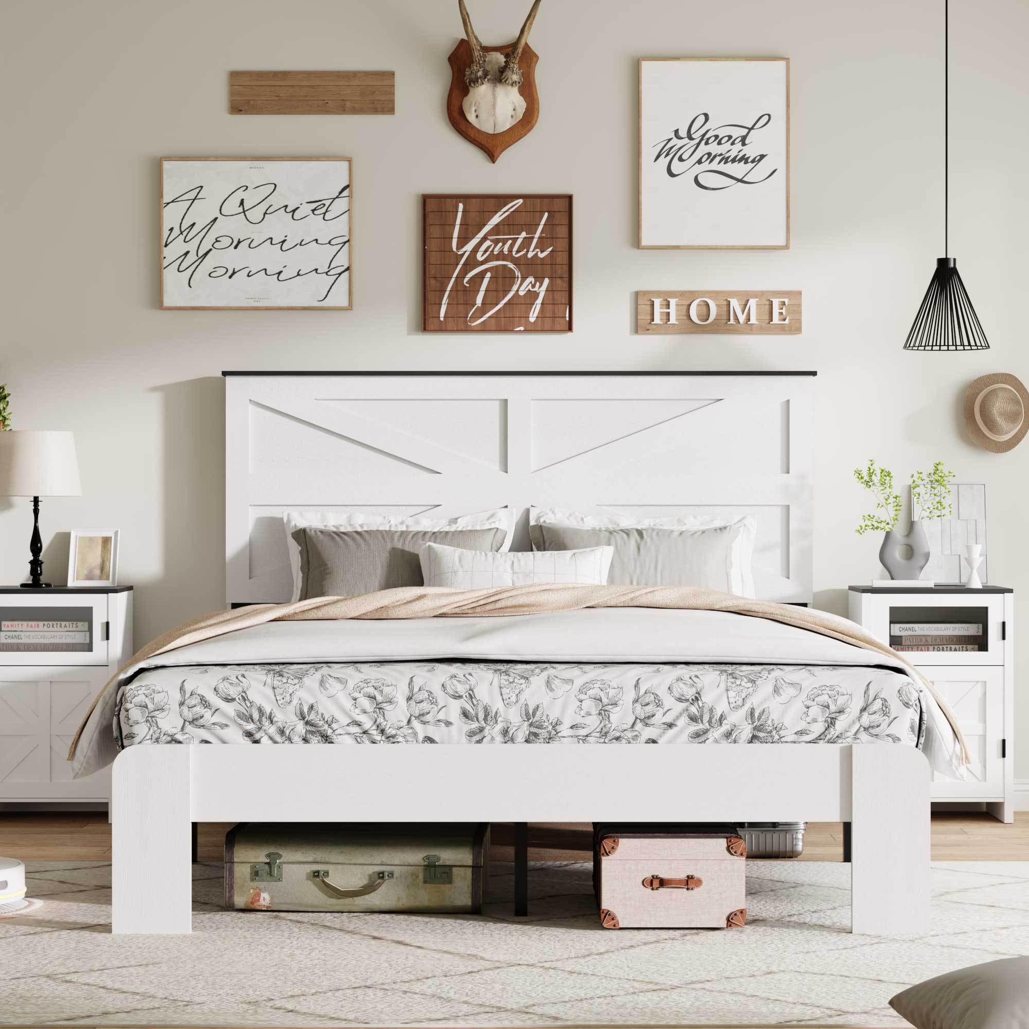 King Bed Frame Headboard , Wood Platform Bed Frame , Noise Free,No Box Spring Needed and Easy Assembly Tool,Large Under Bed Storage,White