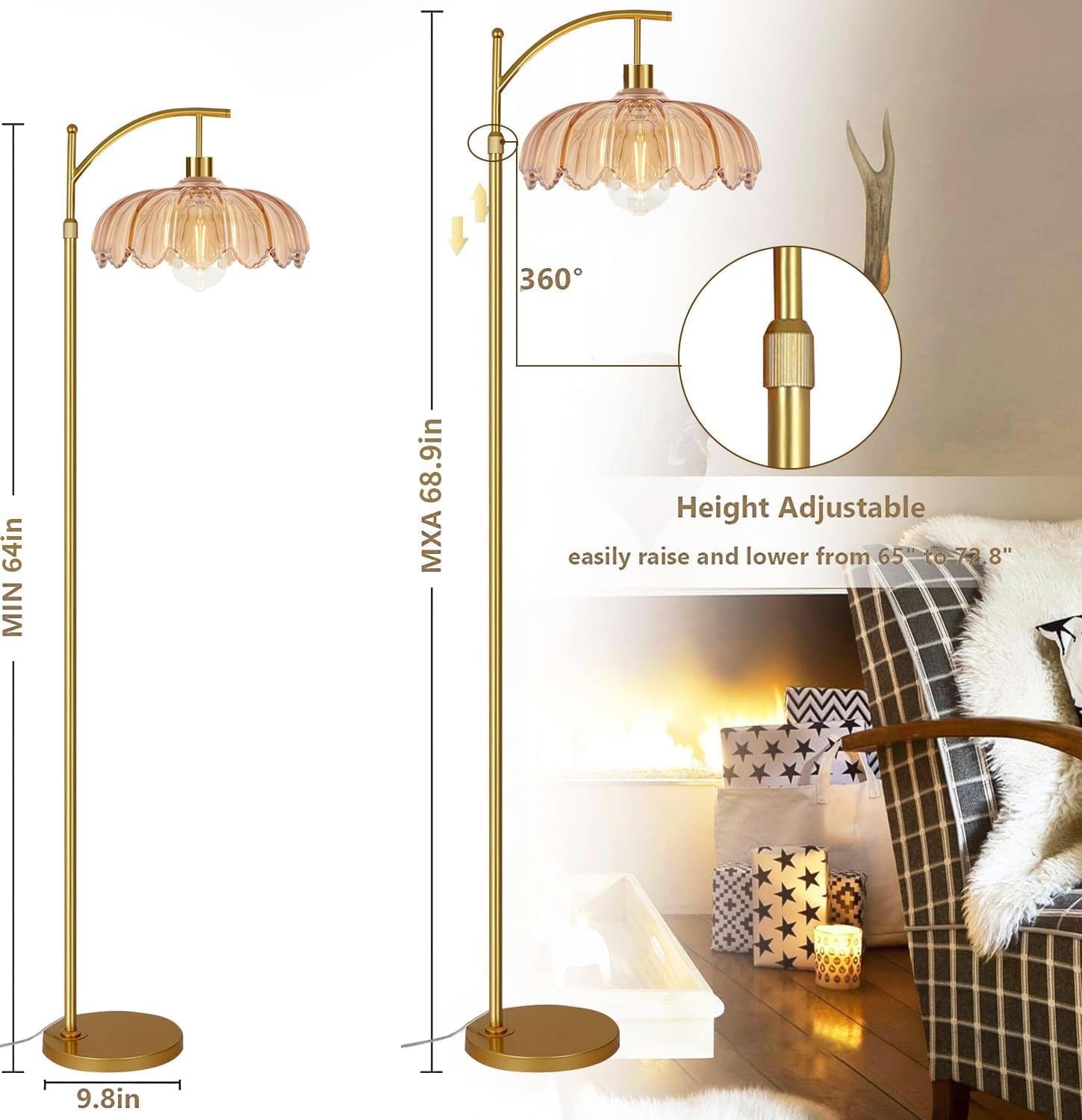 Gold Floor Lamp Arc Midcentury Amber Remote Control-4