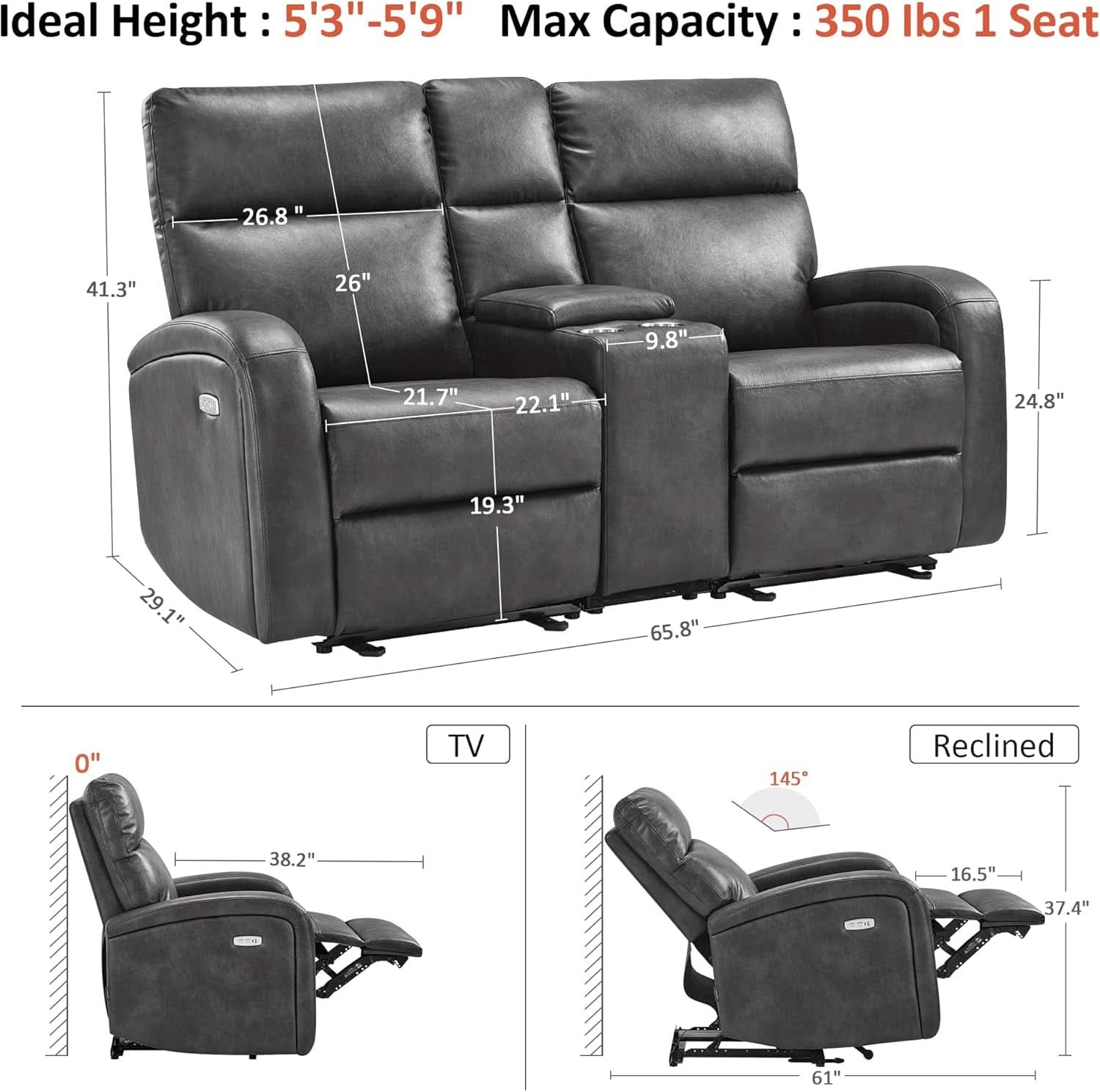Dark Grey Zero Wall Power Recliner Loveseat With USB Ports-2