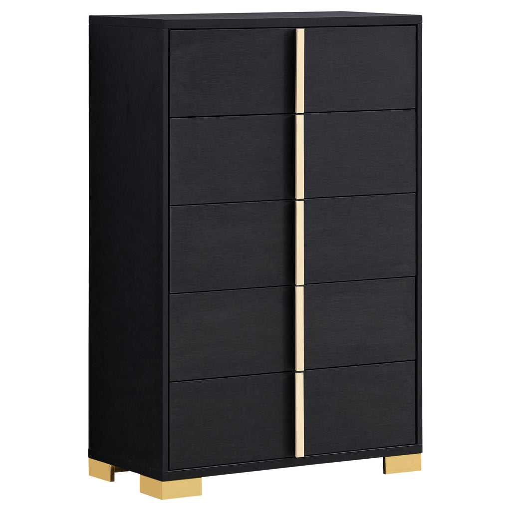 Medici Black 5-Drawer Chest with Gold Accents - Engineered Wood Storage Furniture in Black Finish, 49.5in H x 31.5in W x 16.25in D