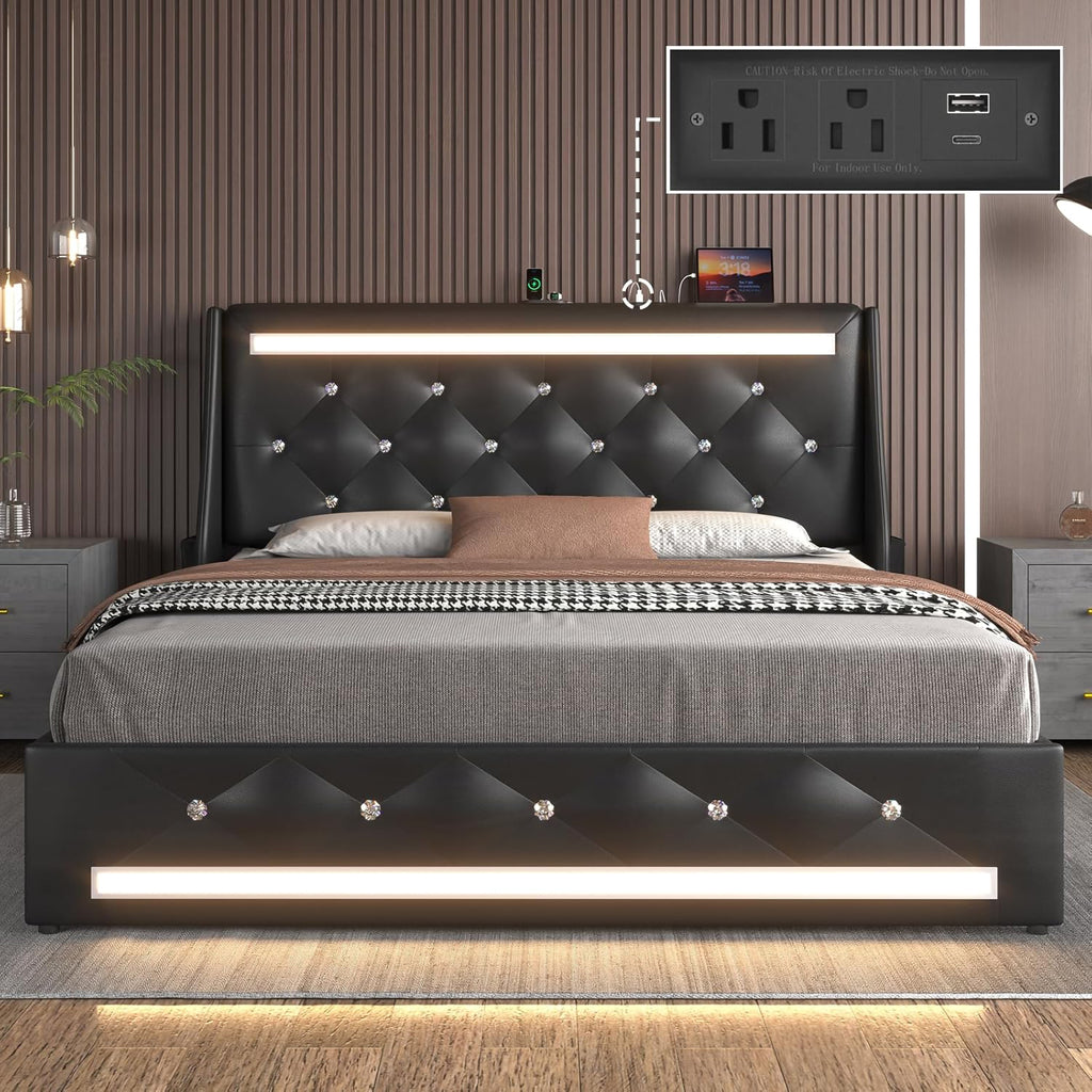 Queen Size Bed Frame with LED Lights, Upholstered Bed Frame with Charging Station, Platform Bed with Diamond Headboard, Wooden Slats, Easy Assembly, No Box Spring Needed, Noise Free, Black