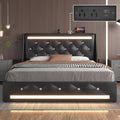 Queen Size Bed Frame with LED Lights, Upholstered Bed Frame with Charging Station, Platform Bed with Diamond Headboard, Wooden Slats, Easy Assembly, No Box Spring Needed, Noise Free, Black