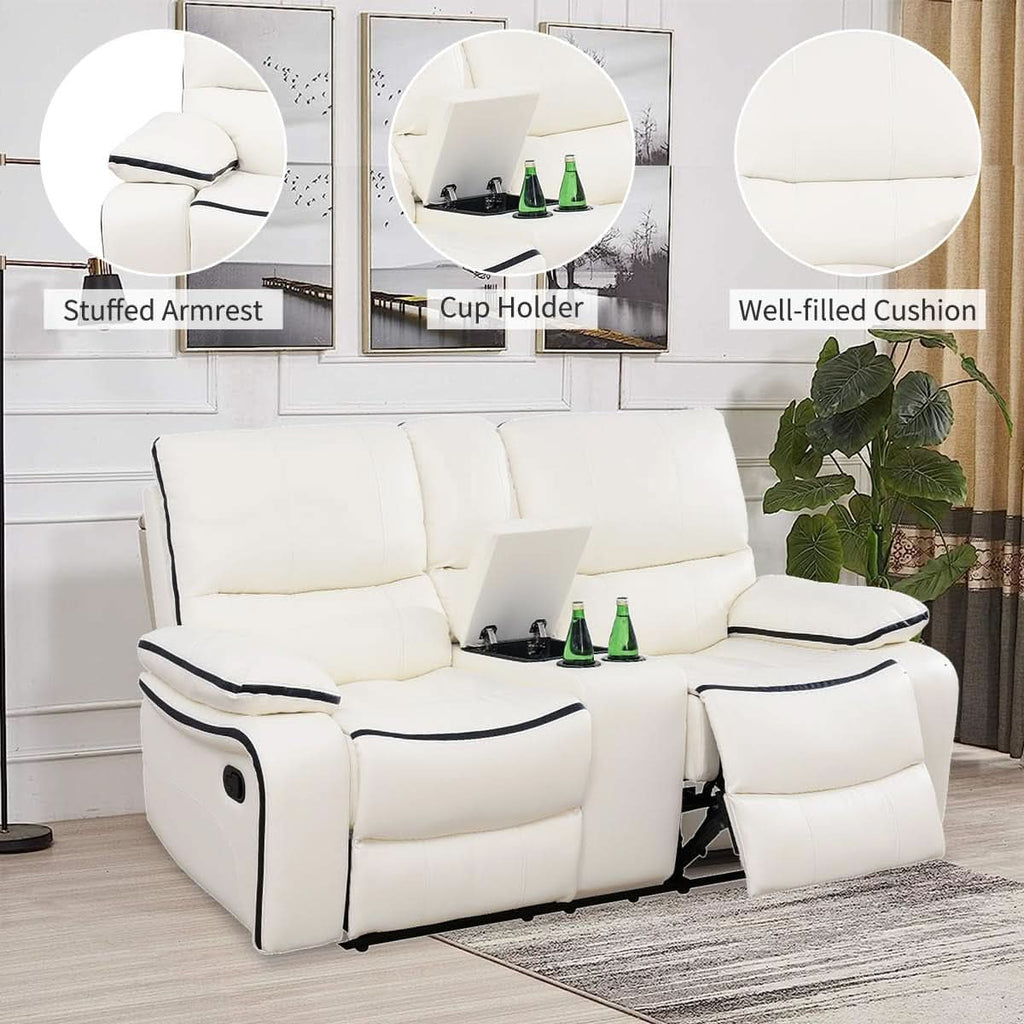 Leather Recliner Sofa Set With Storage Console White-3