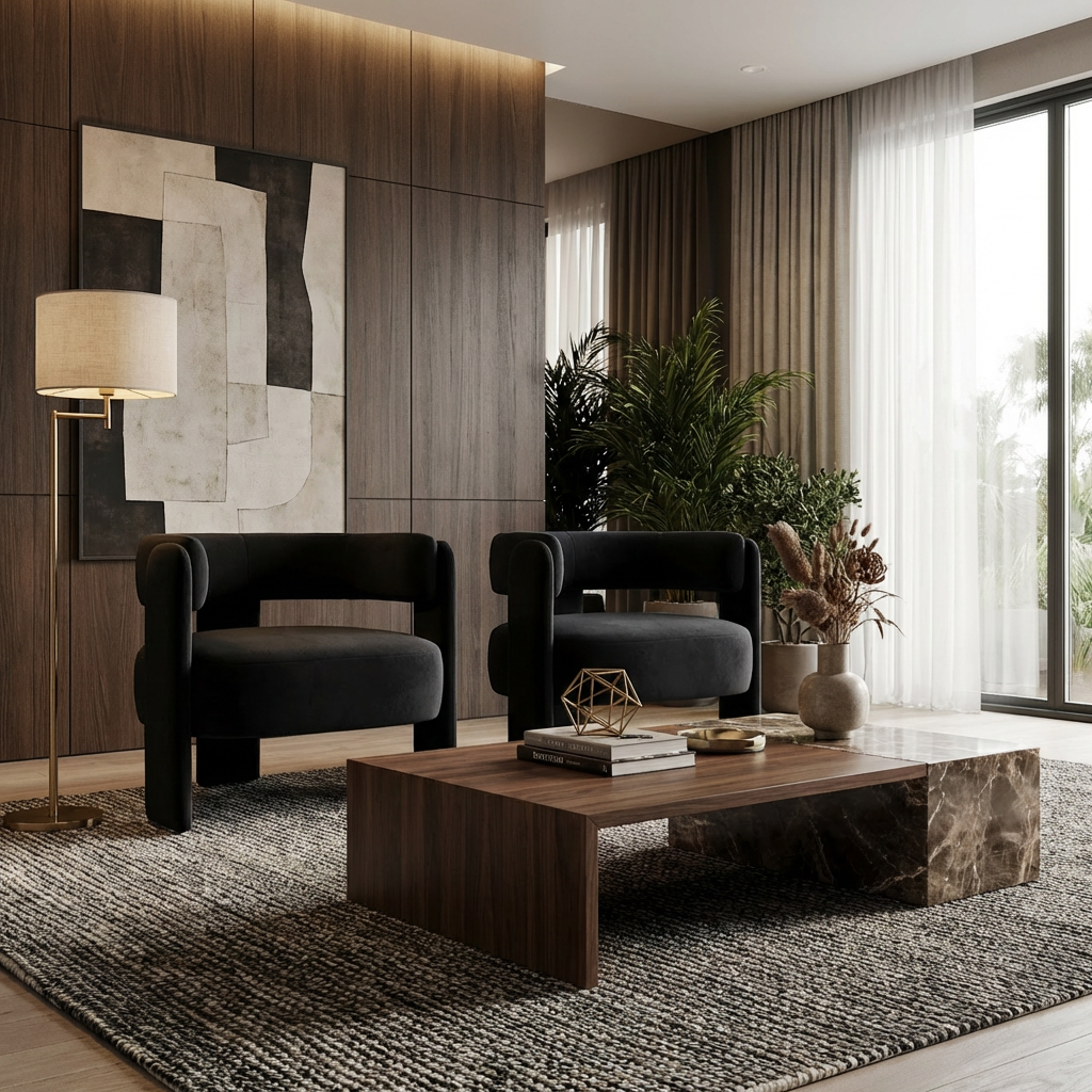 Black Velvet Comfy Single Sofa Chair Mid-Century Modern Armchair