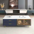 Modern Navy Blue Coffee Table with 2 Glass Door Storage, 4 Drawers, Gold Metal Legs, and Multi-Color Lighting in 47.2''