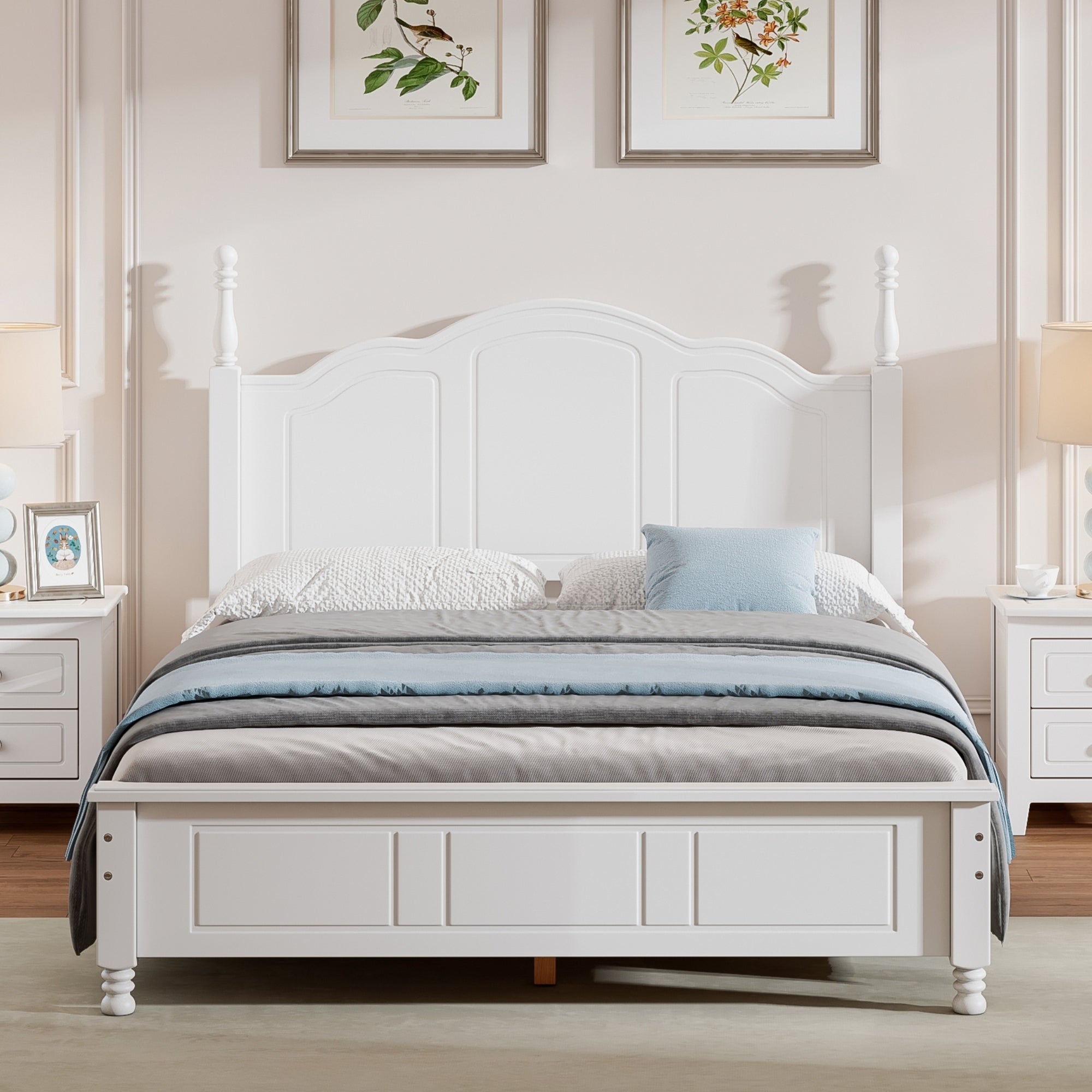 Full Size Wood Platform Bed Frame,Retro Style Platform Bed with Wooden Slat Support,White