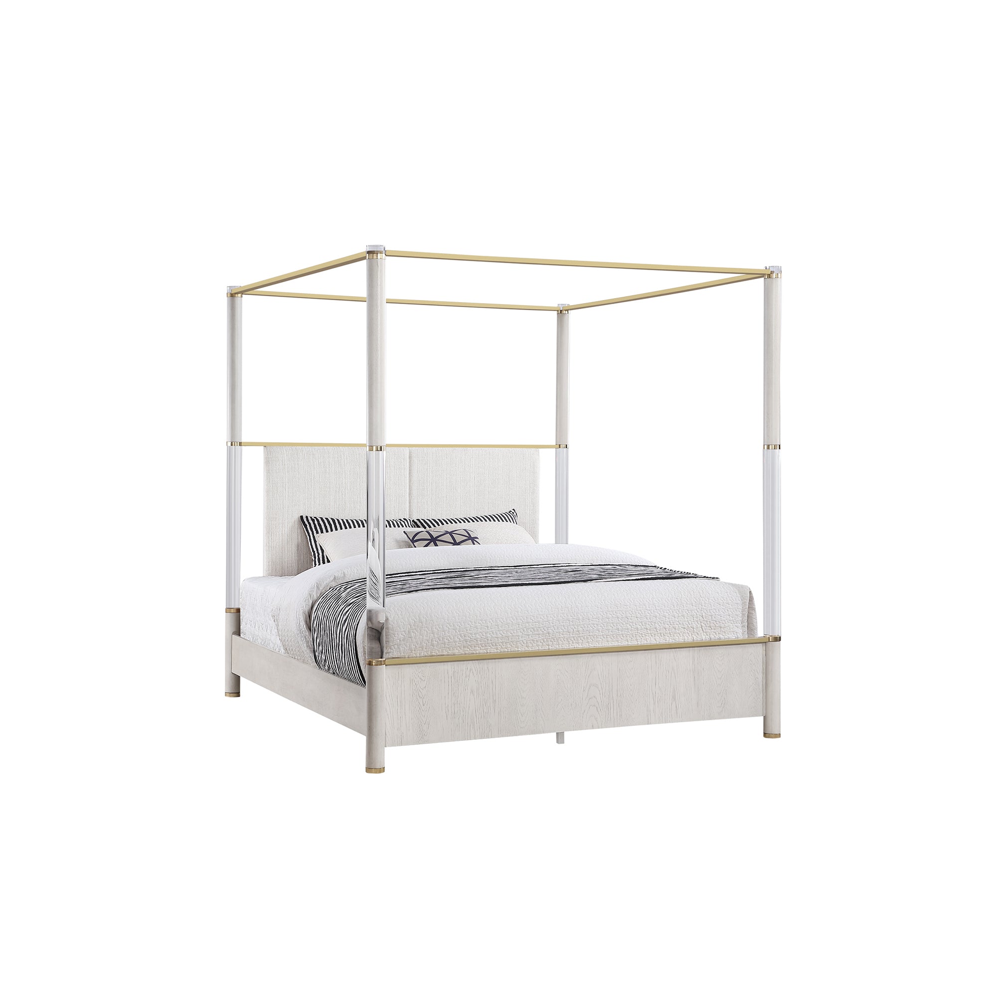 Malco Queen Oak 5PC Bedroom Set with Gold Accents, Upholstered Headboard, Acrylic Hardware in Oak Rubber Wood